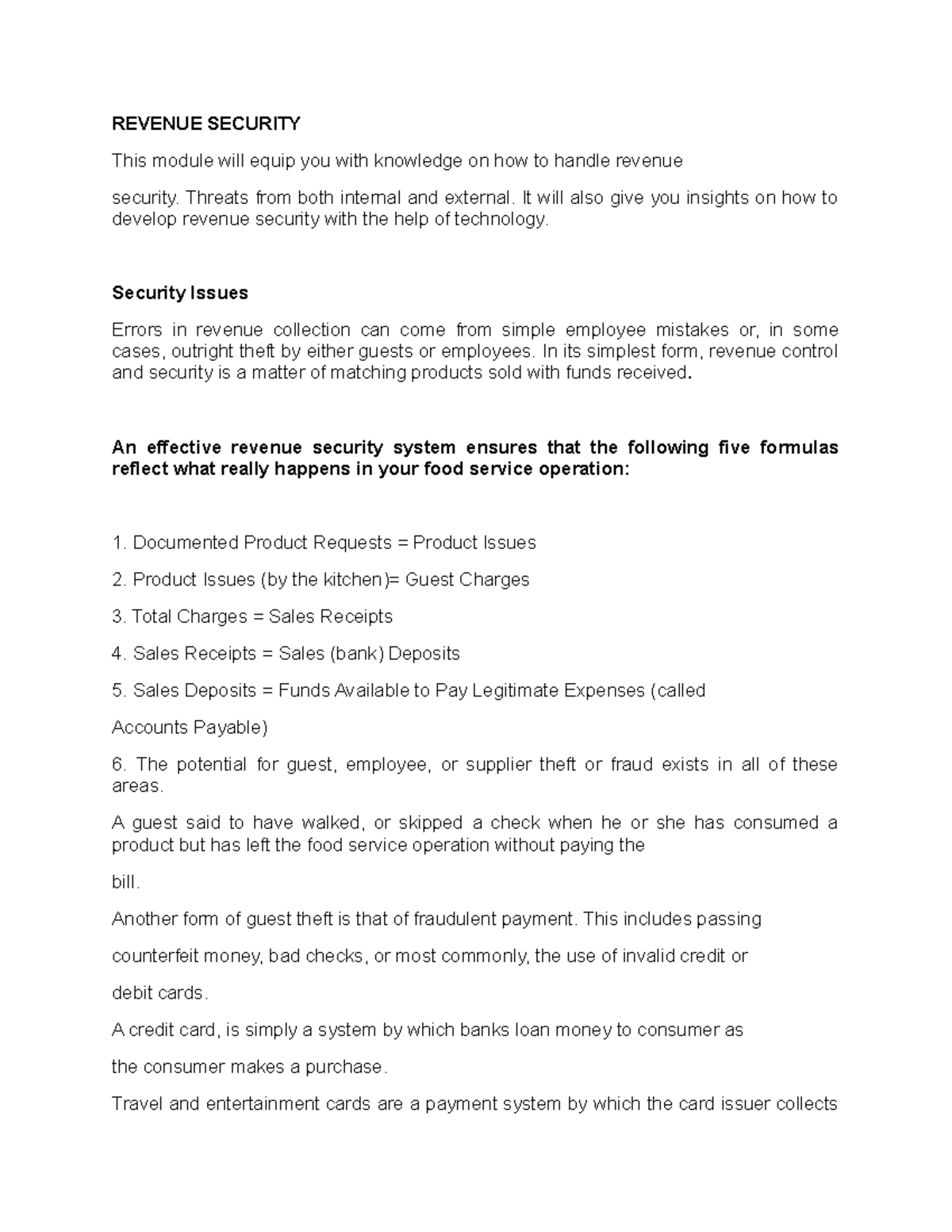 Revenue Security REVENUE SECURITY This module will equip you with