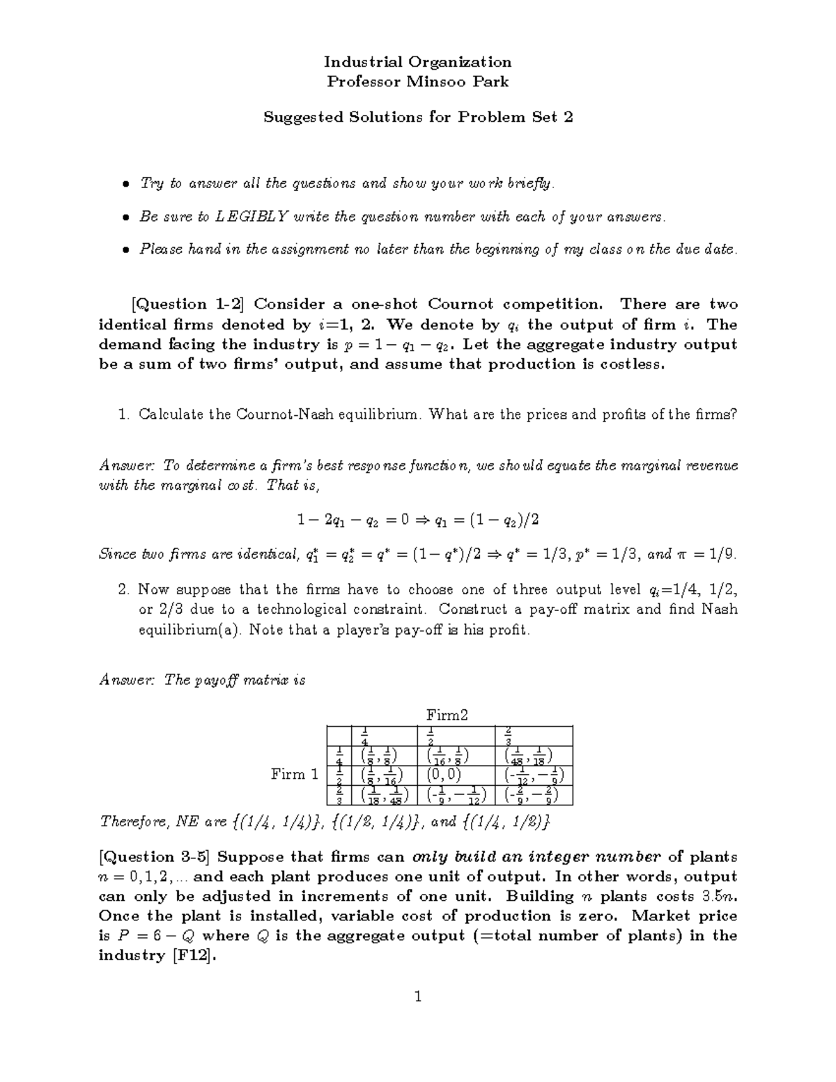 2014 1 ps2 solution - Industrial Organization Professor Minsoo Park ...