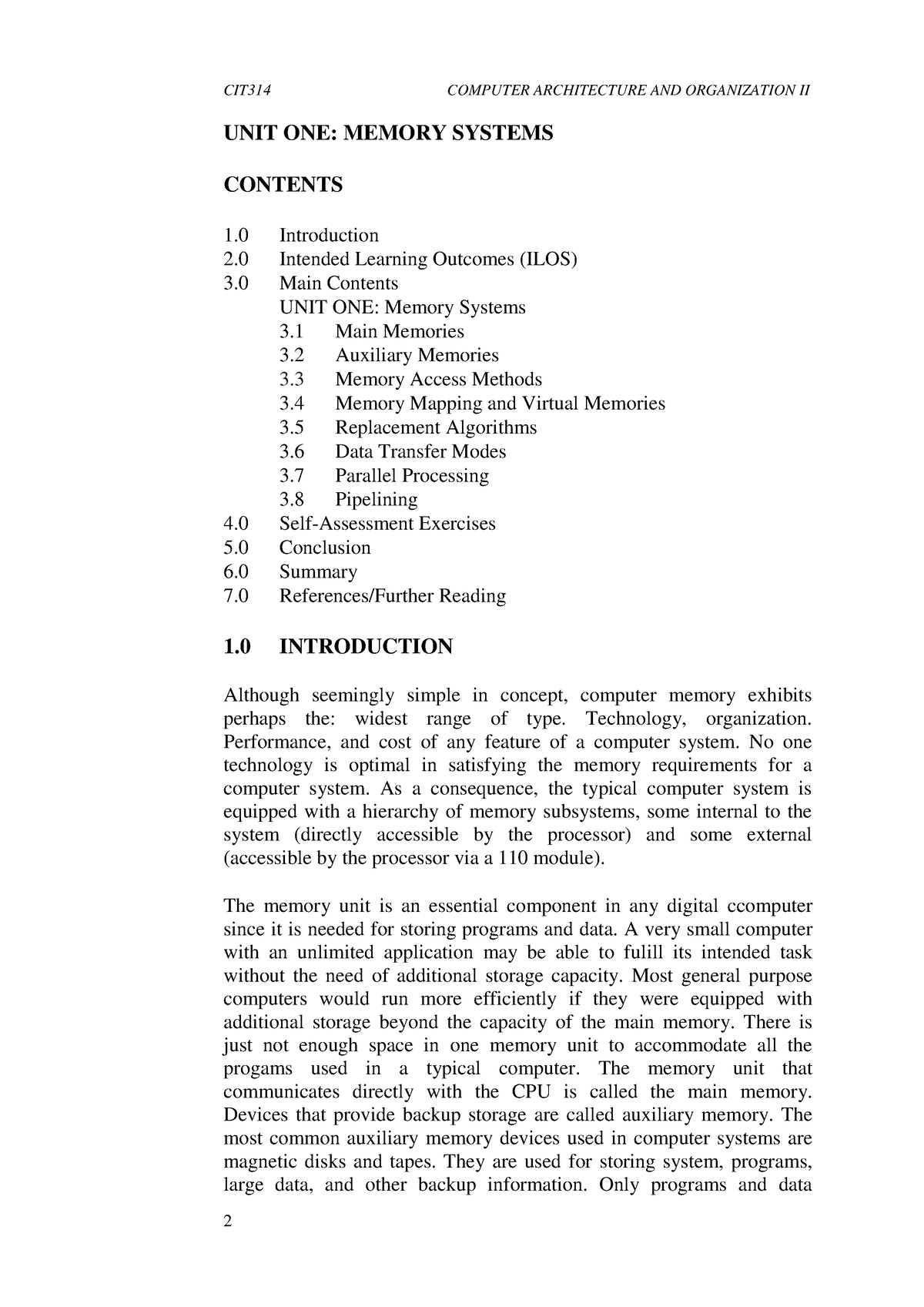 CSC 407 Lesson one - Lecture Note - CIT314 COMPUTER ARCHITECTURE AND ...