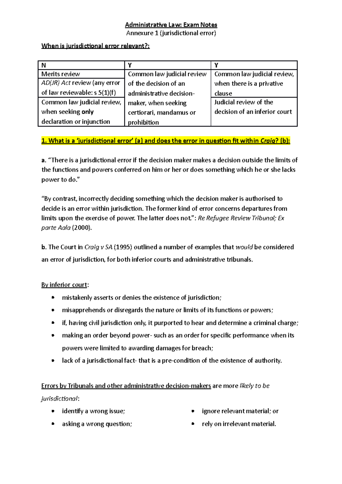 Annexure to Admin Exam Notes 'Jurisdictional error' Administrative