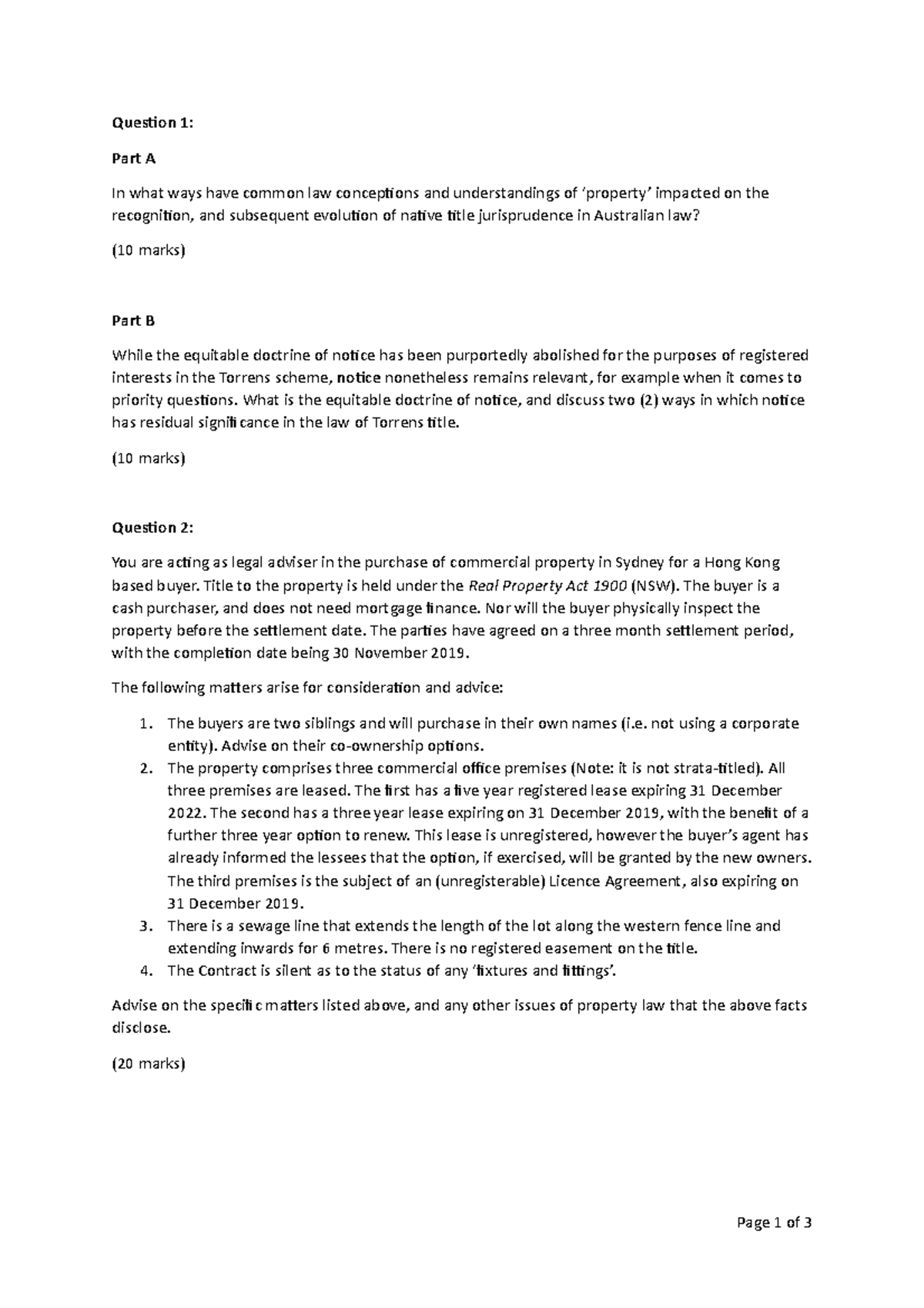 Property Law Past Exam Papers Southern Cross University Question 1