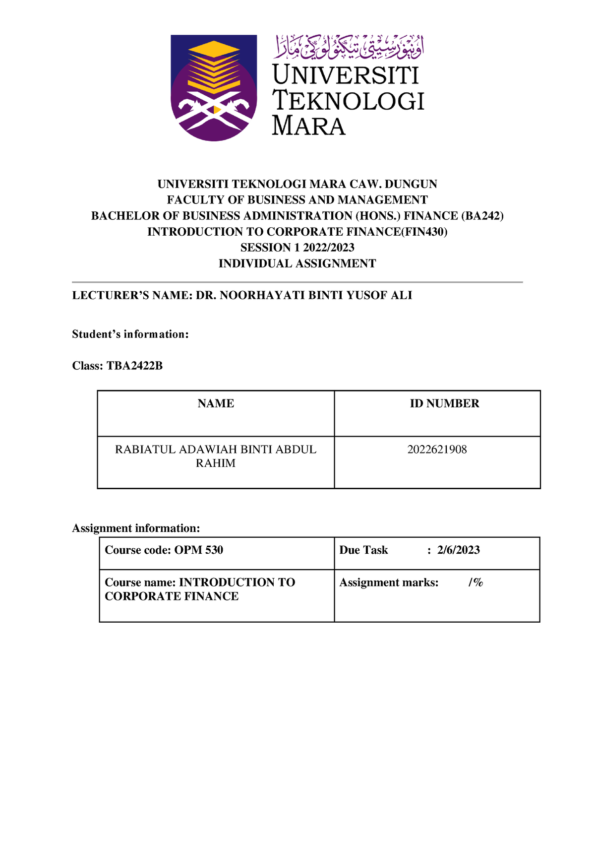 Individual Assignment (chapter 7) - Introduction to Corporate Finance ...