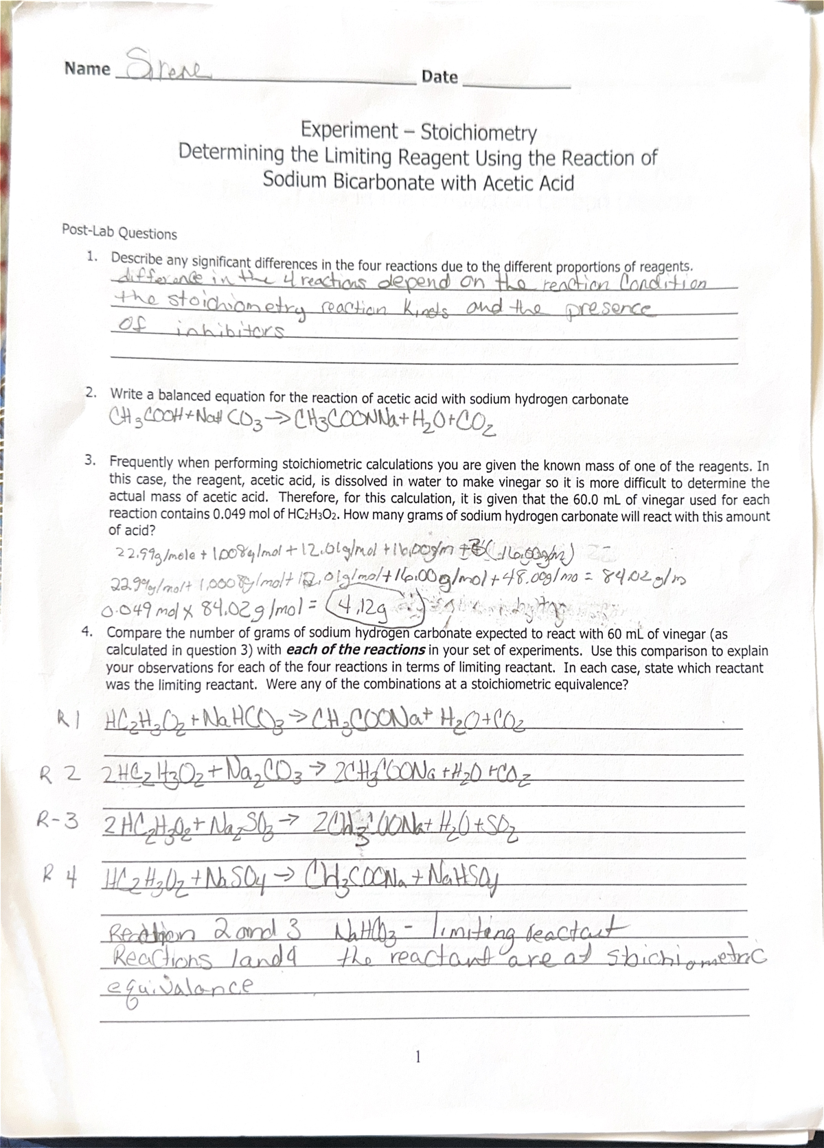 Post lab stoichiometry determining the limiting reagent using the ...