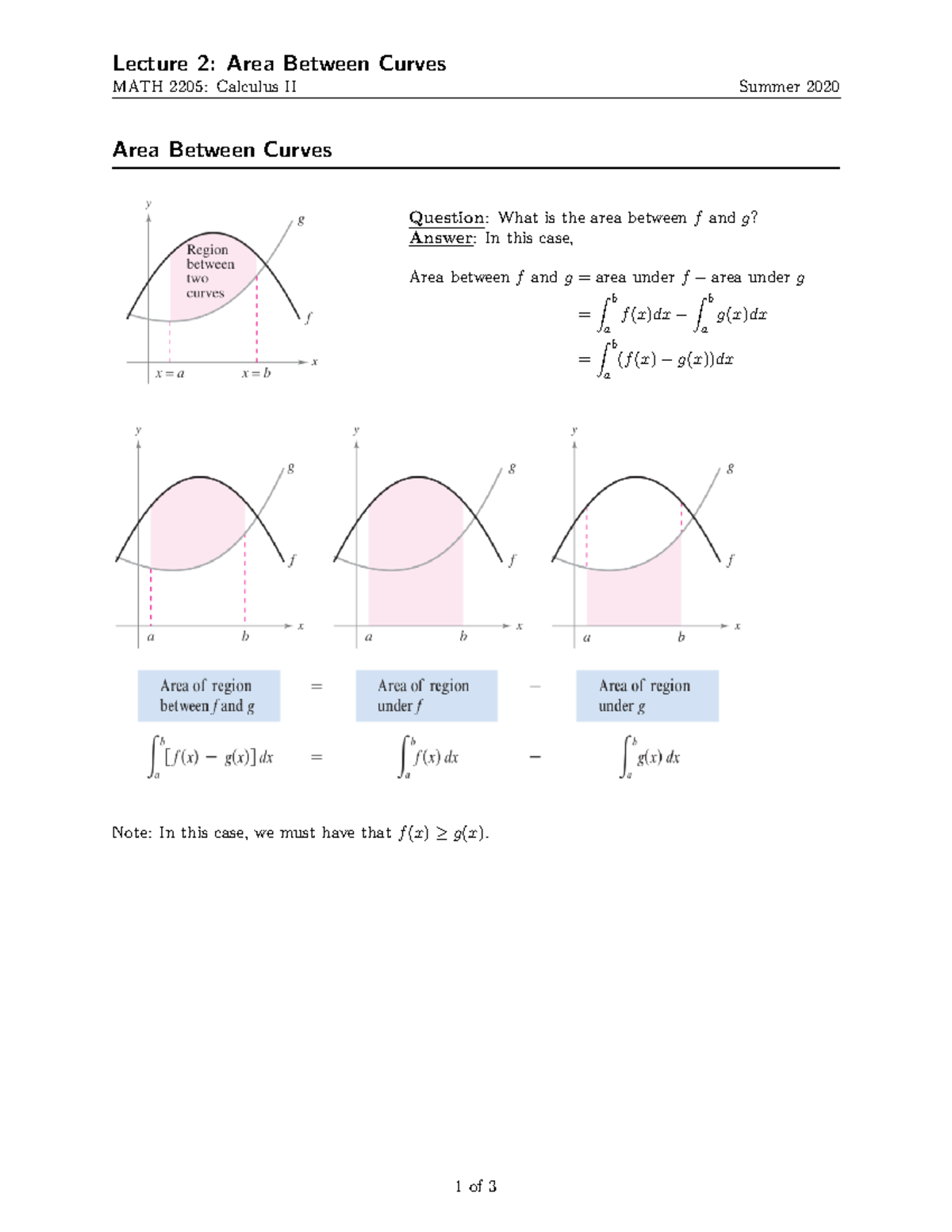 L02 - Area Between Curves - Lecture 2: Area Between Curves MATH 2205 ...