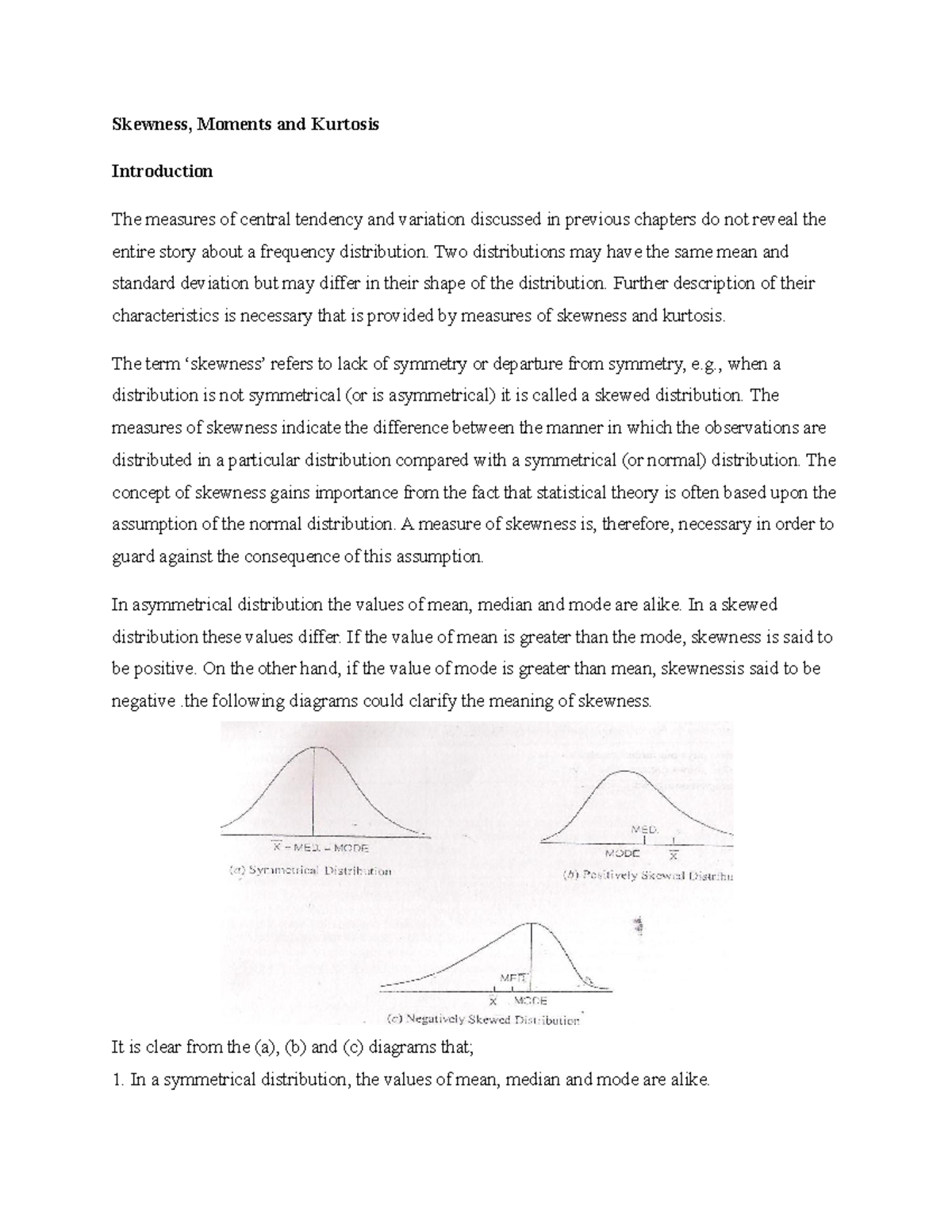 Math Statistics Skewness Moments And Kurtosis Notes Skewness Moments And Kurtosis Introduction The Measures Of Central Tendency And Variation Discussed In Studocu