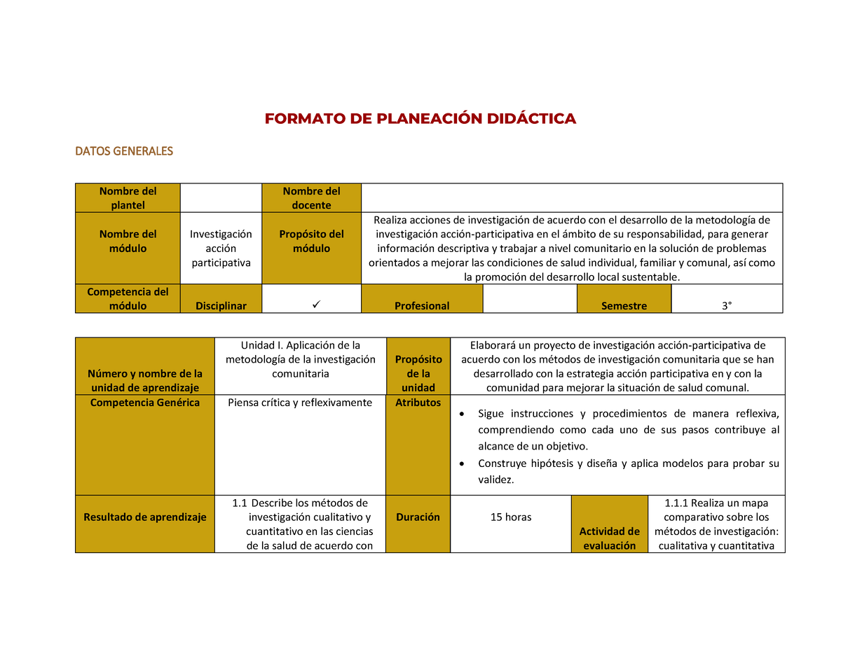 Evidencia Formato De Planeacin Didctica Datos Generales N Mero Y Nombre De La Unidad De