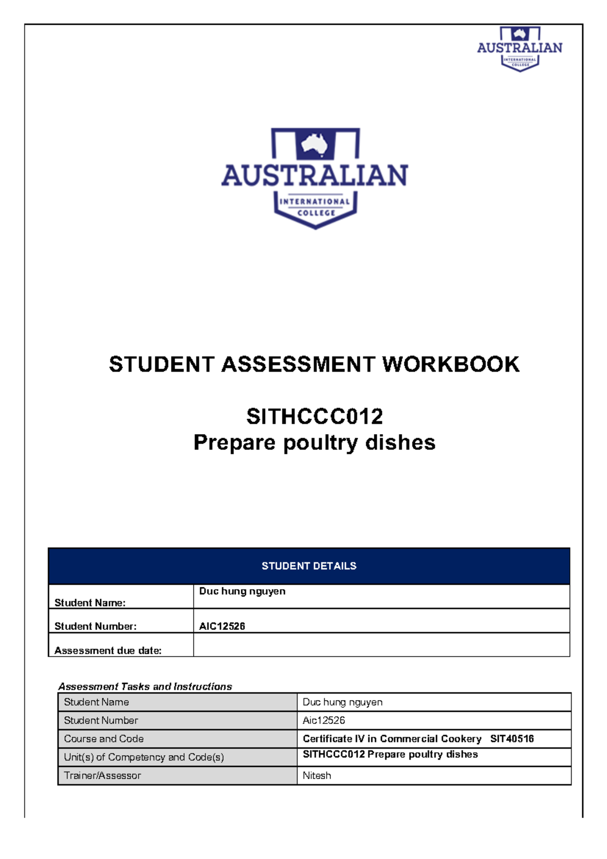 Sithccc 012 Prepare poultry dishes Written Assessment v2 STUDENT