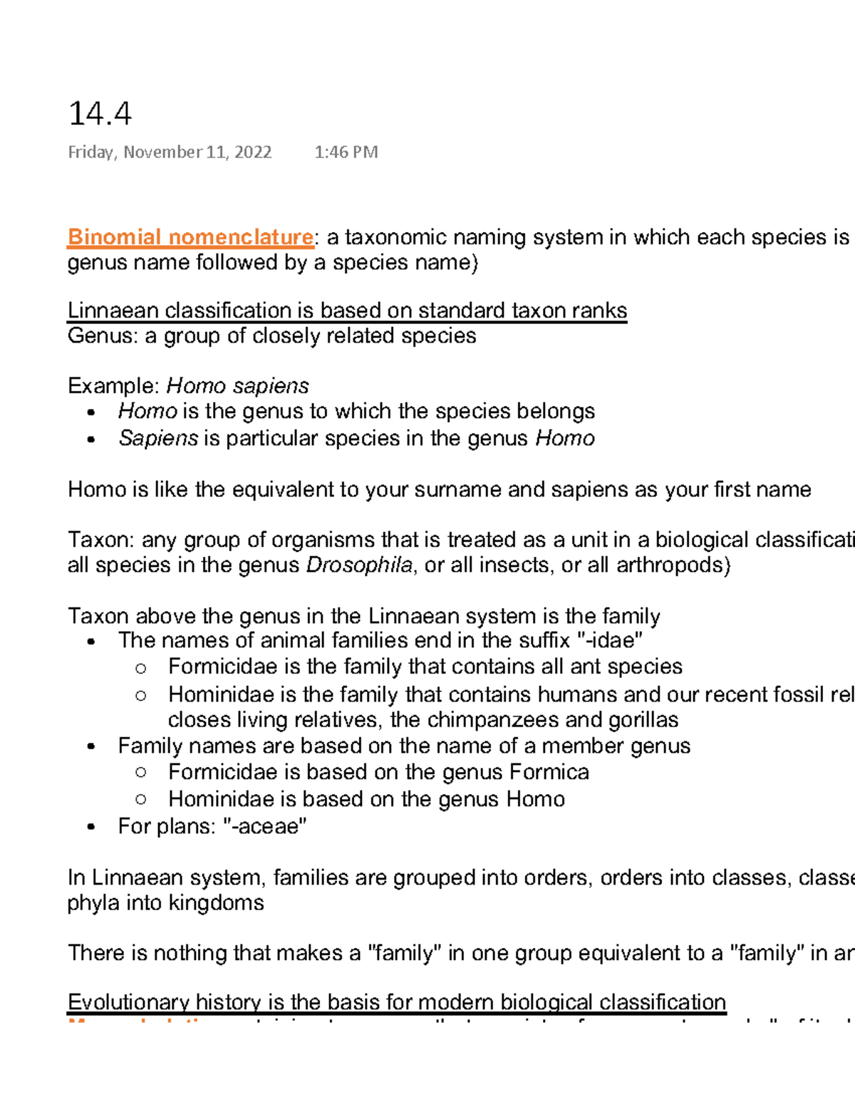 14 - Chapter 14.4 Reading notes - Binomial nomenclature: a taxonomic ...