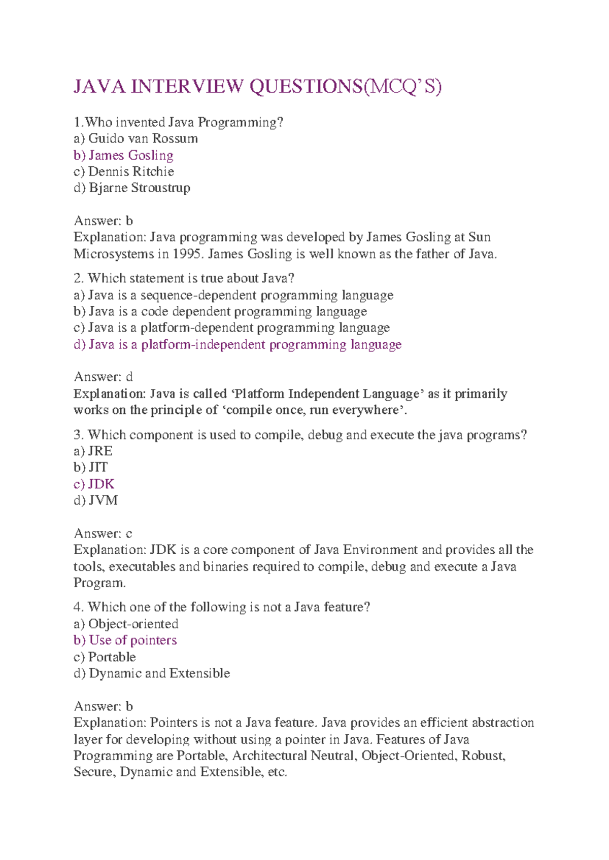Java interview ques(mcq's) - JAVA INTERVIEW QUESTIONS(MCQ’S) 1 invented ...