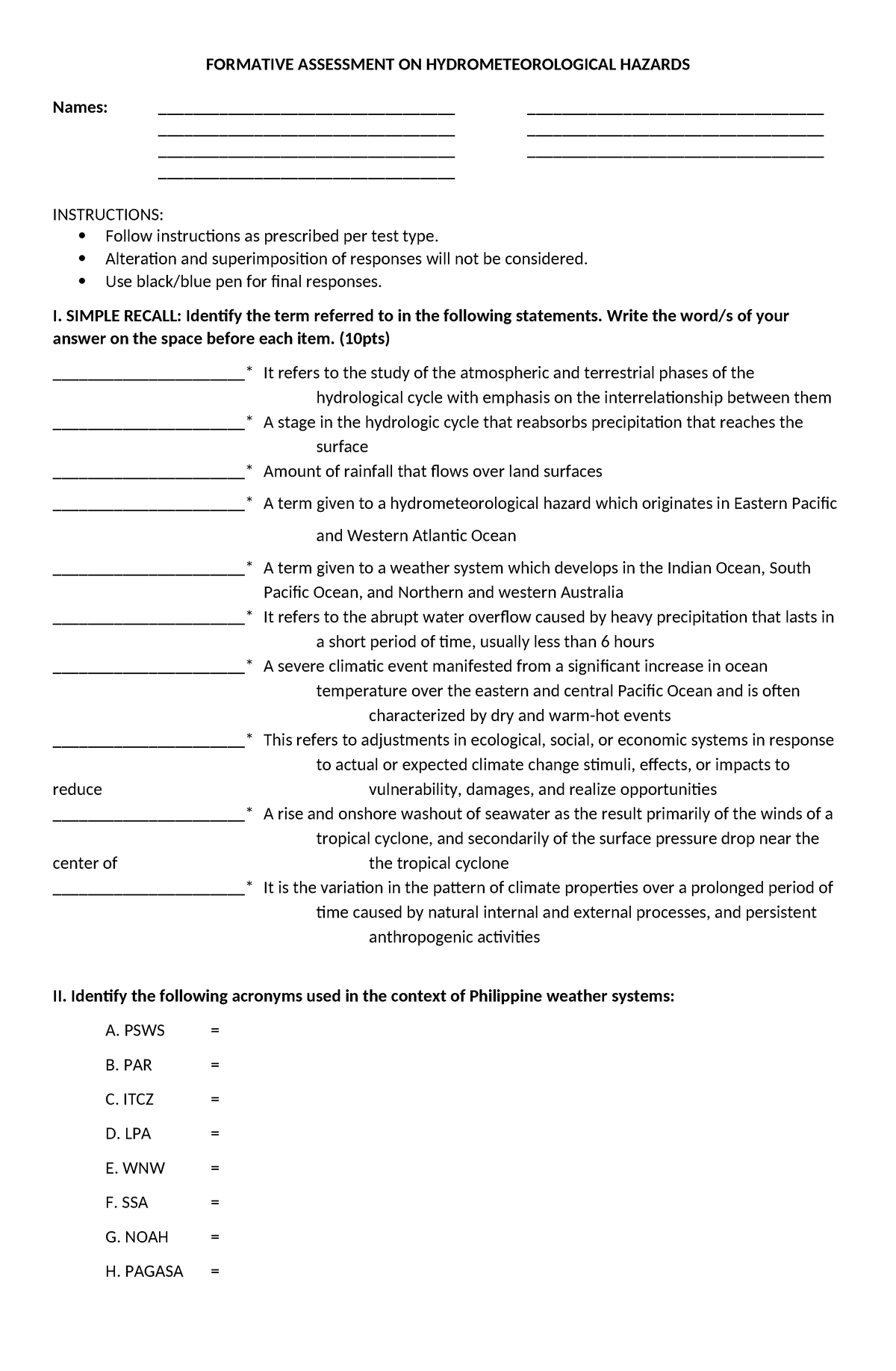 Formative Assessment on Hydrometeorological Hazards - FORMATIVE ...