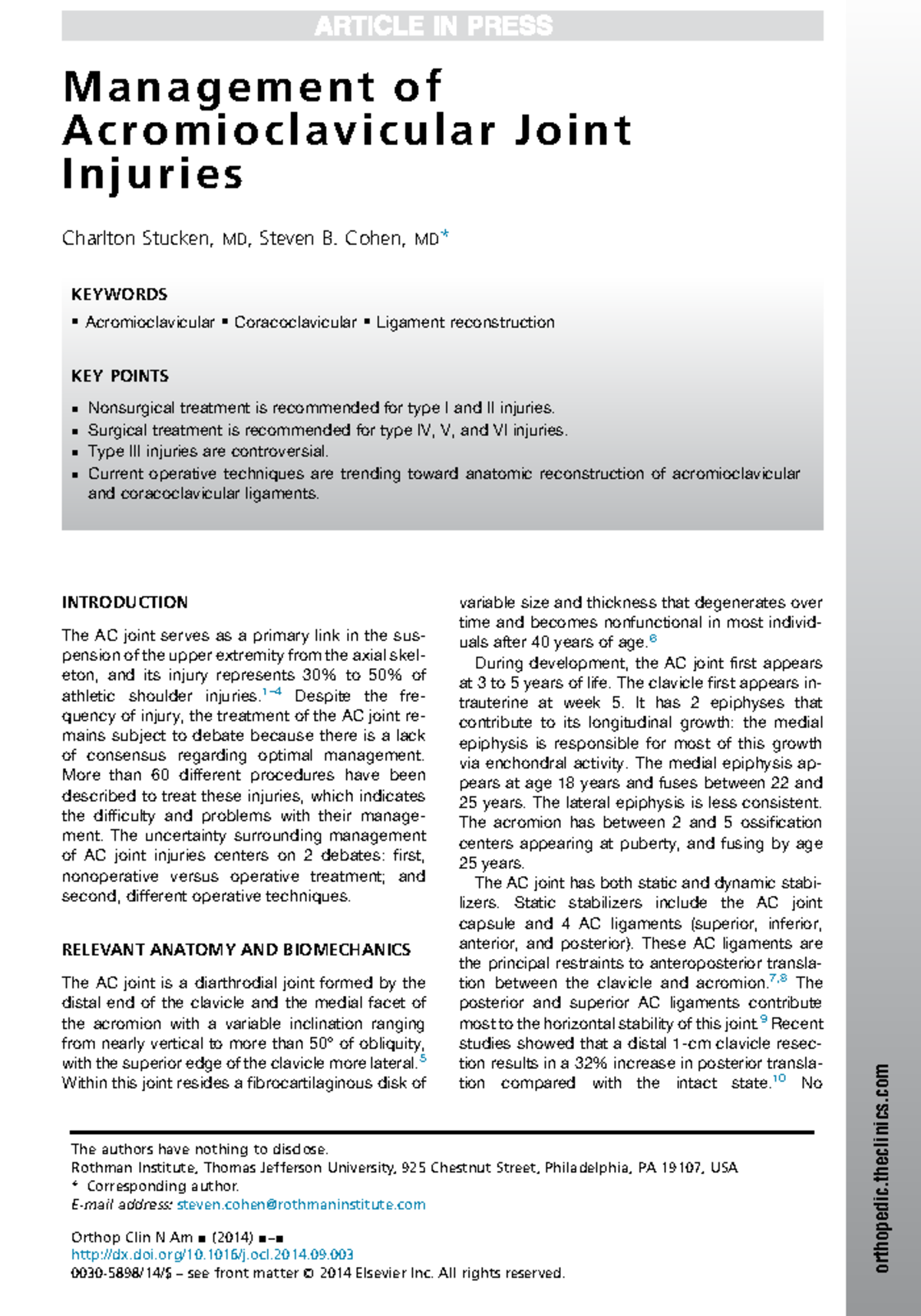 Management of acromioclavicular joint injuries - Management of ...