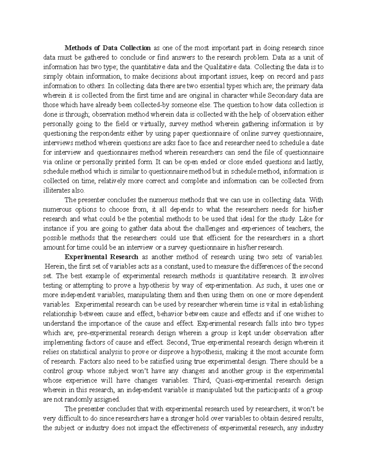 Synthsis Report OF ALL - Methods of Data Collection as one of the most ...