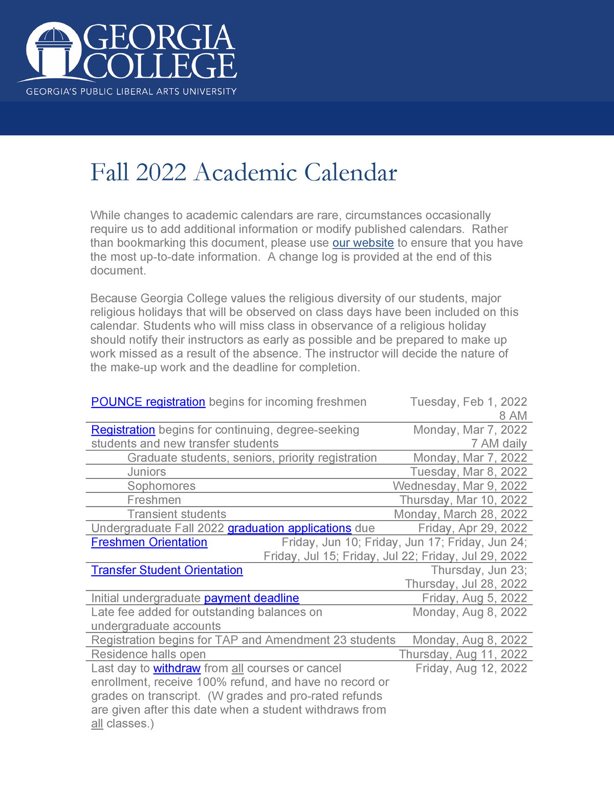 Academic Calendar Fall 2022 20210323 Fall 2022 Academic Calendar