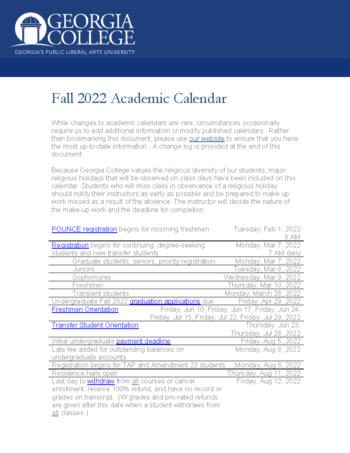 Academic Calendar Fall 2022 20210323 Fall 2022 Academic Calendar