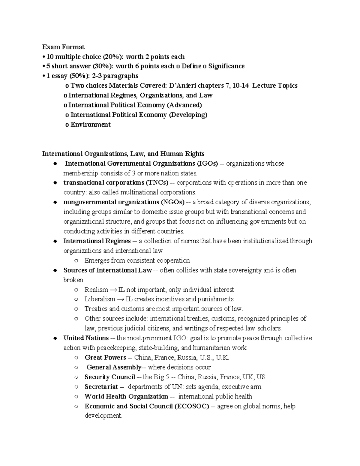 Final Exam Studyguide - Exam Format • 10 multiple choice (20%): worth 2 ...