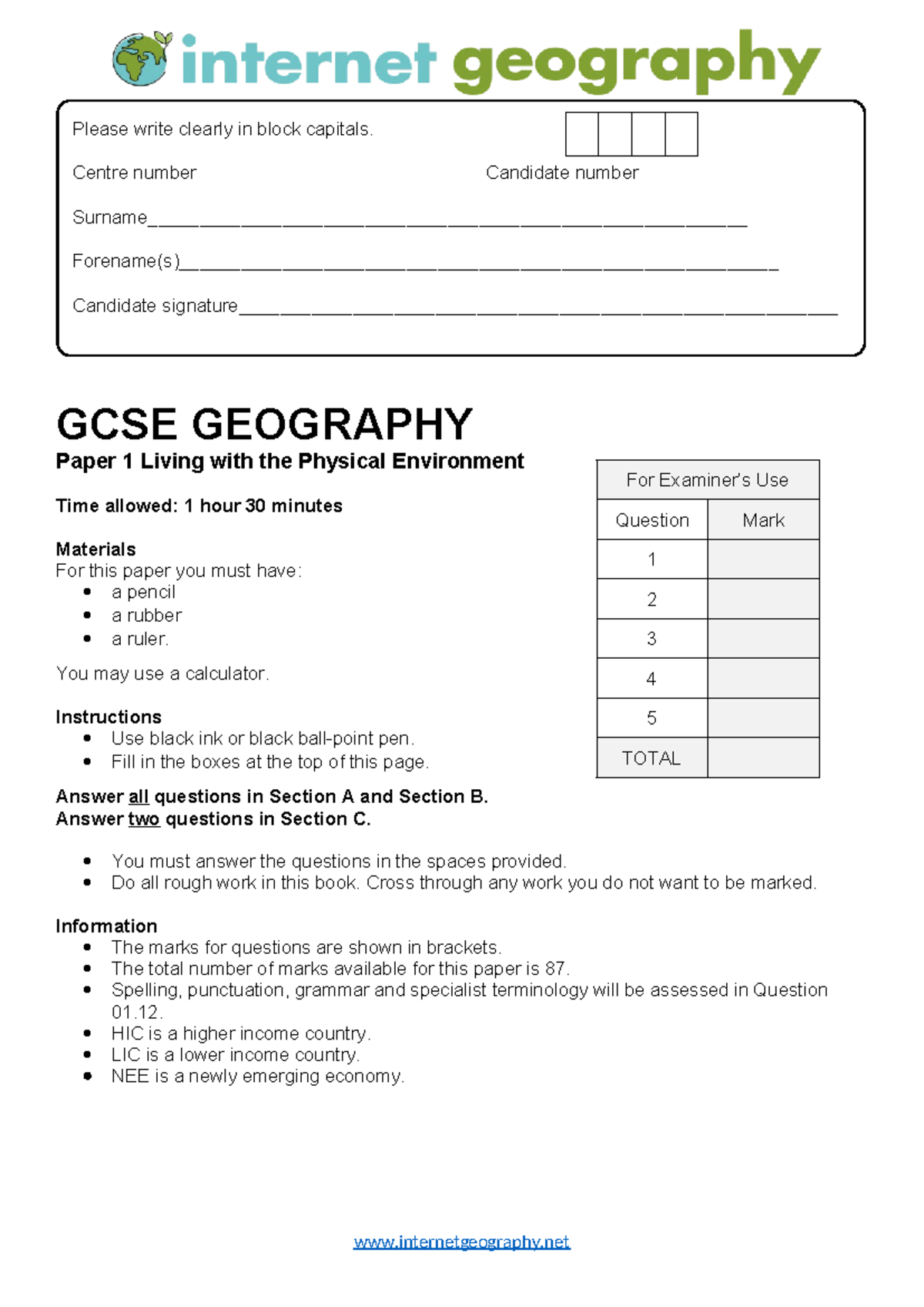 AQA GCSE Geography Paper 1 Exam - GCSE GEOGRAPHY Paper 1 Living with ...