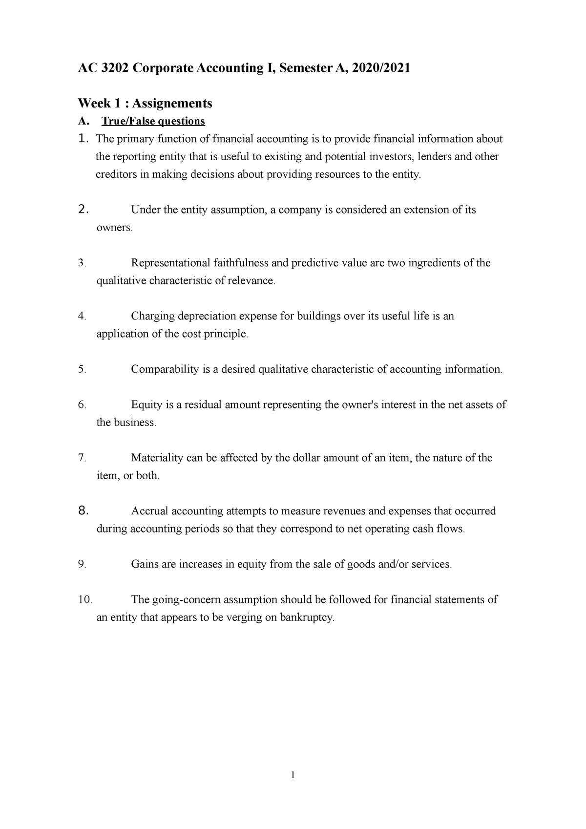 Week 1 Assignments - AC 3202 Corporate Accounting I, Semester A, 2020 ...