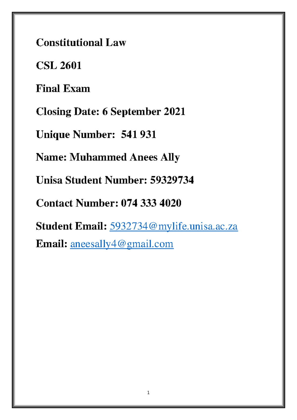 Student No. 59329734 CSL 2601 2021 - Constitutional Law CSL 2601 Final ...