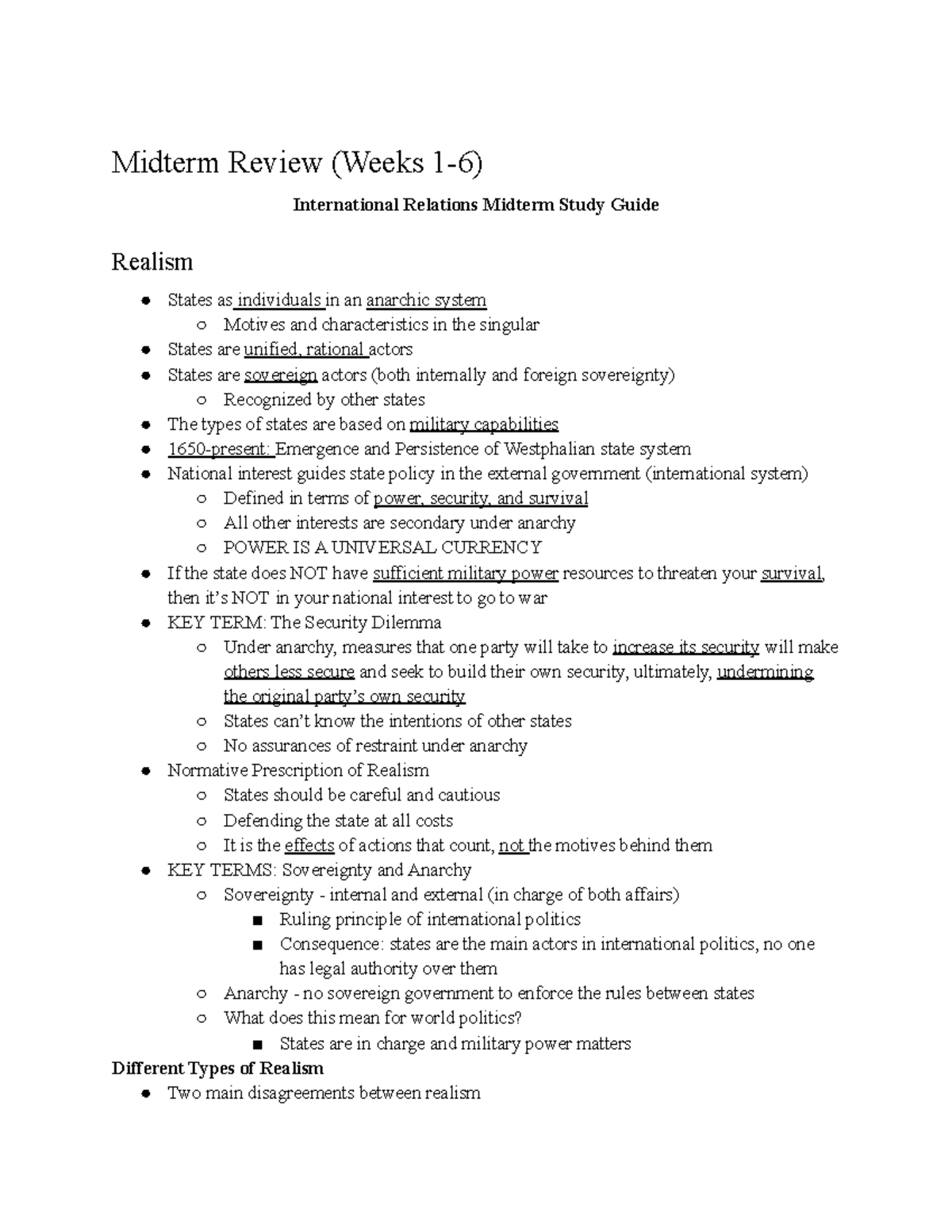 IR Study Guide Realism - Midterm Review (Weeks 1-6) International ...