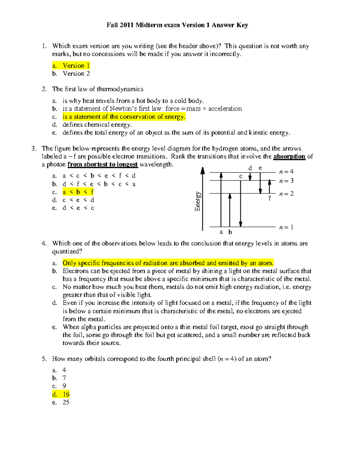 Midterm 11 August, answers - Which exam version are you writing (see ...