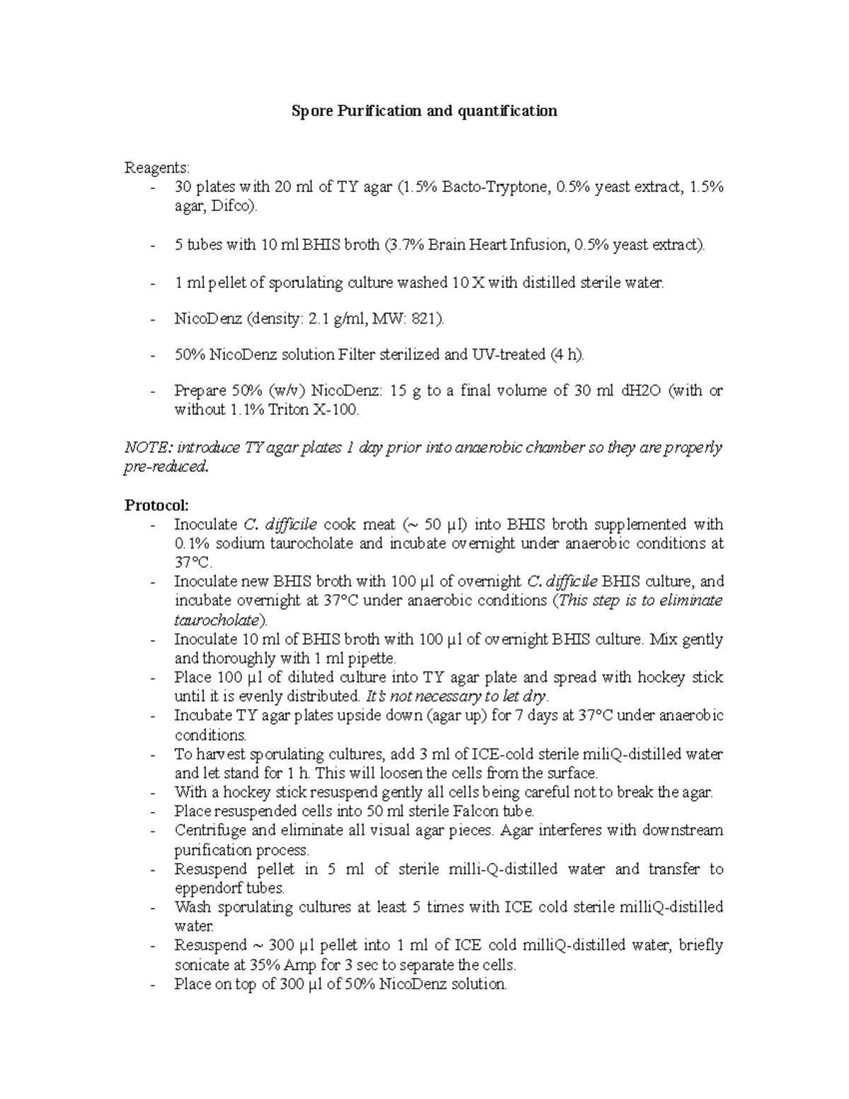 C. difficile sporulation and spore purification - Spore Purification ...