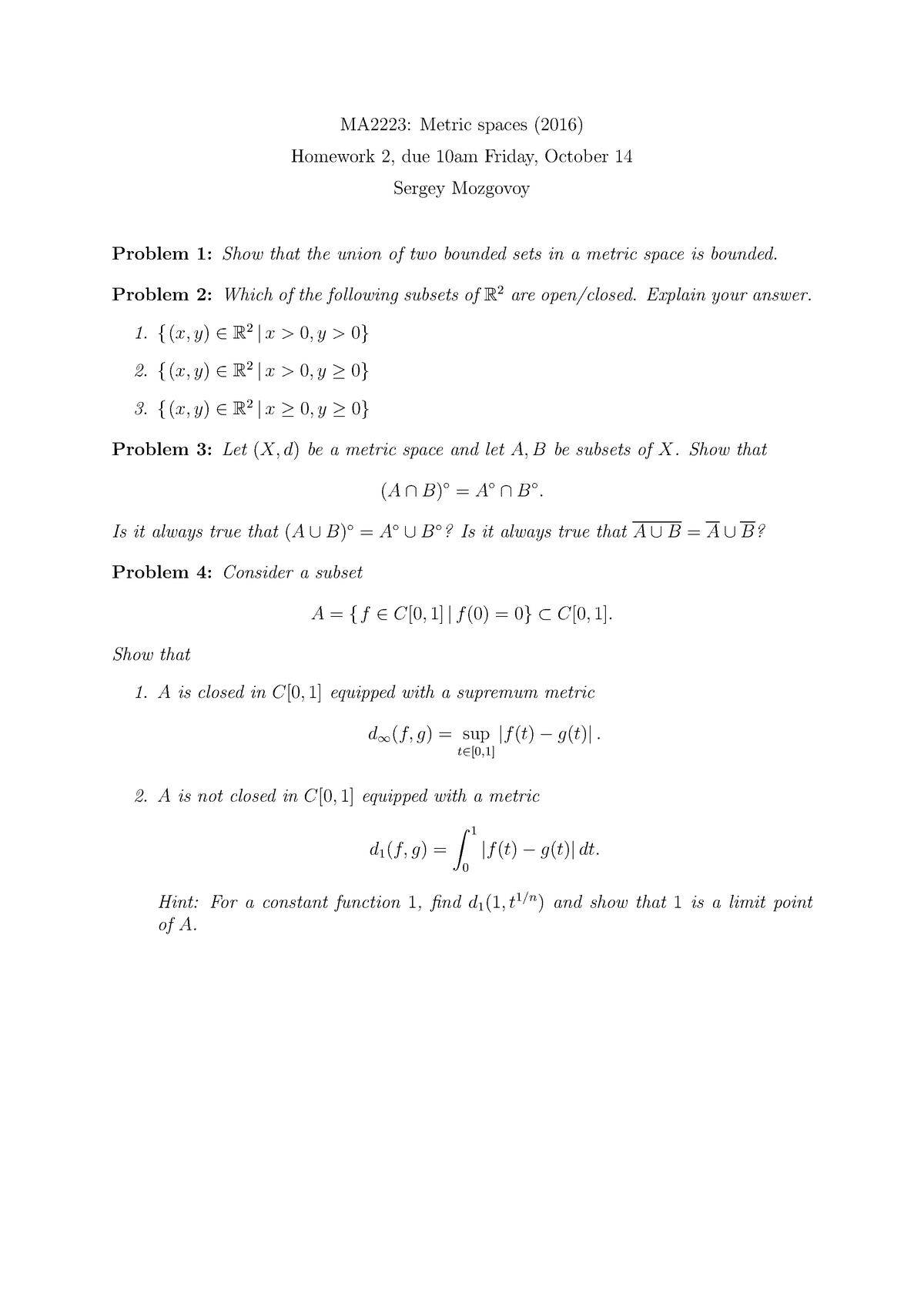 metric spaces homework solutions