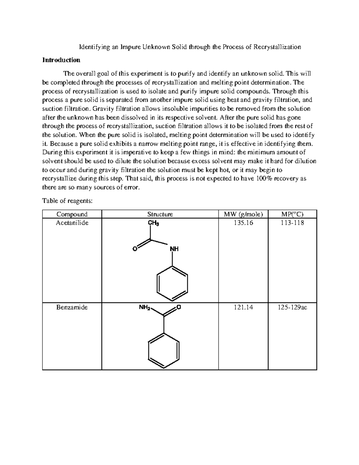 Recrystallization Lab Report - Identifying An Impure Unknown Solid ...