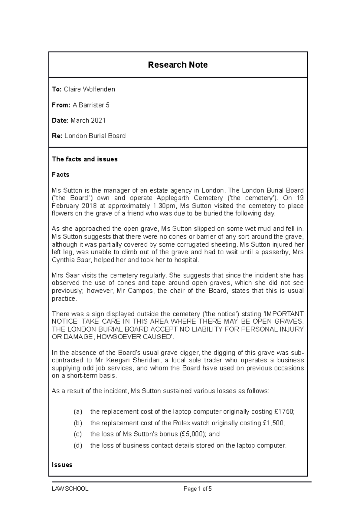 Prepare Barrister 5 Research Note - Research Note To: Claire Wolfenden ...