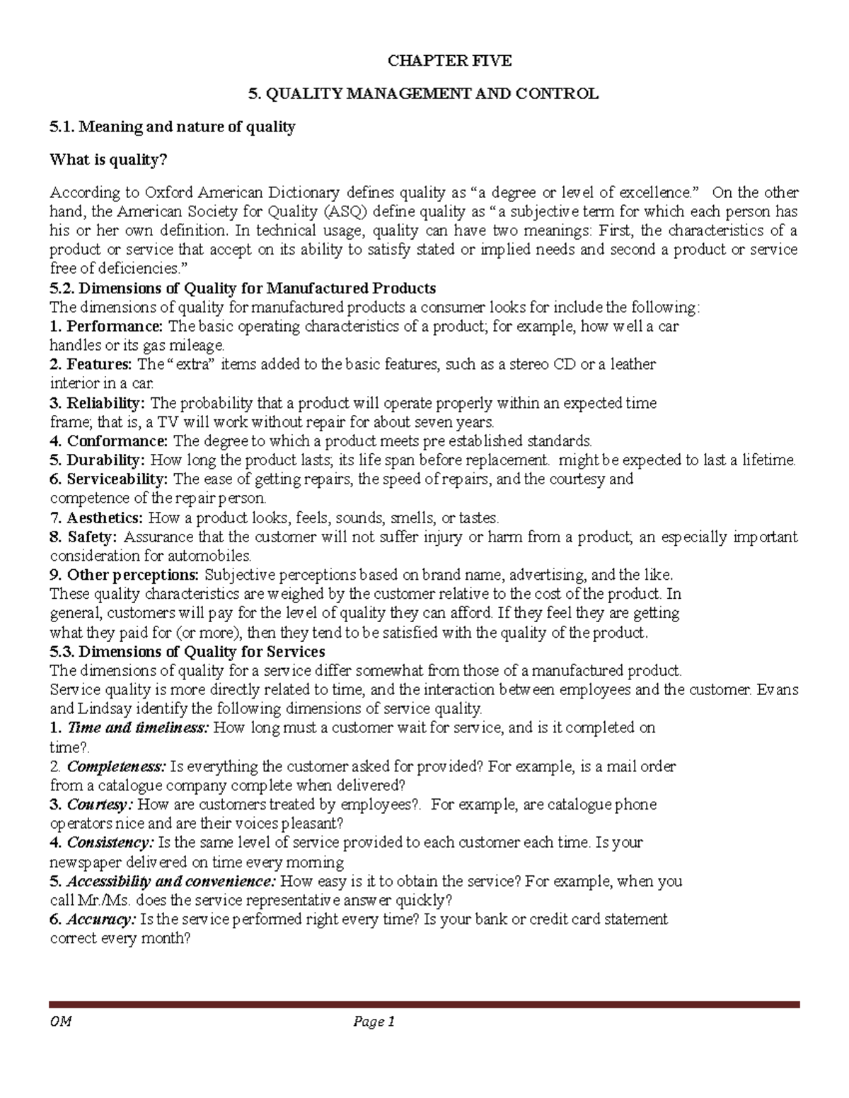 CH V - good - CHAPTER FIVECHAPTER FIVE 5. QUALITY MANAGEMENT AND ...