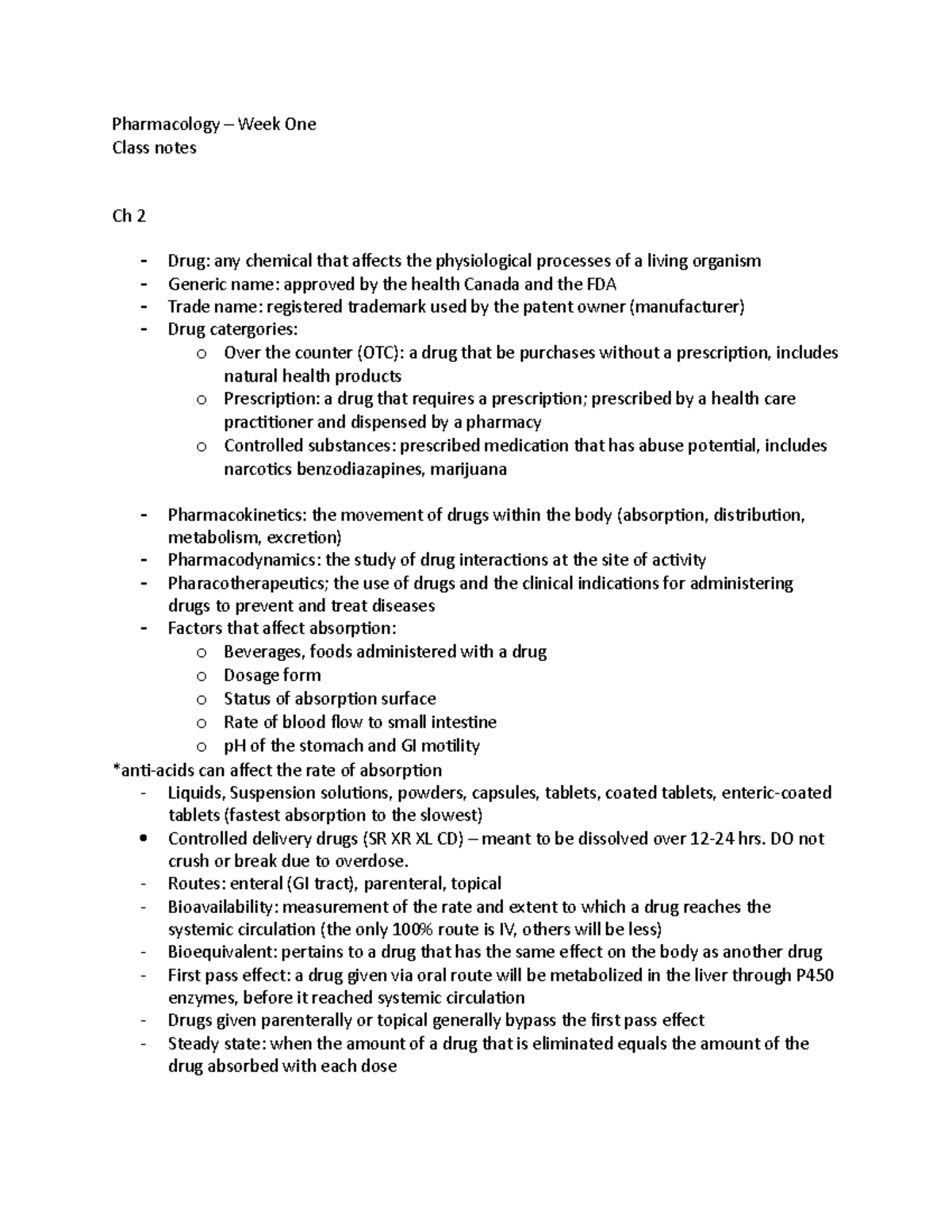 Week One class notes - pharm - Pharmacology – Week One Class notes Ch 2 ...