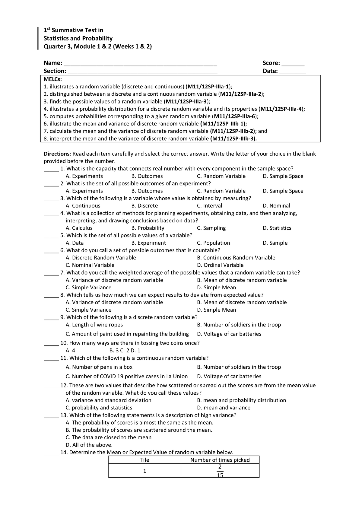 Summative Test #1 - Directions: Read each item carefully and select the ...