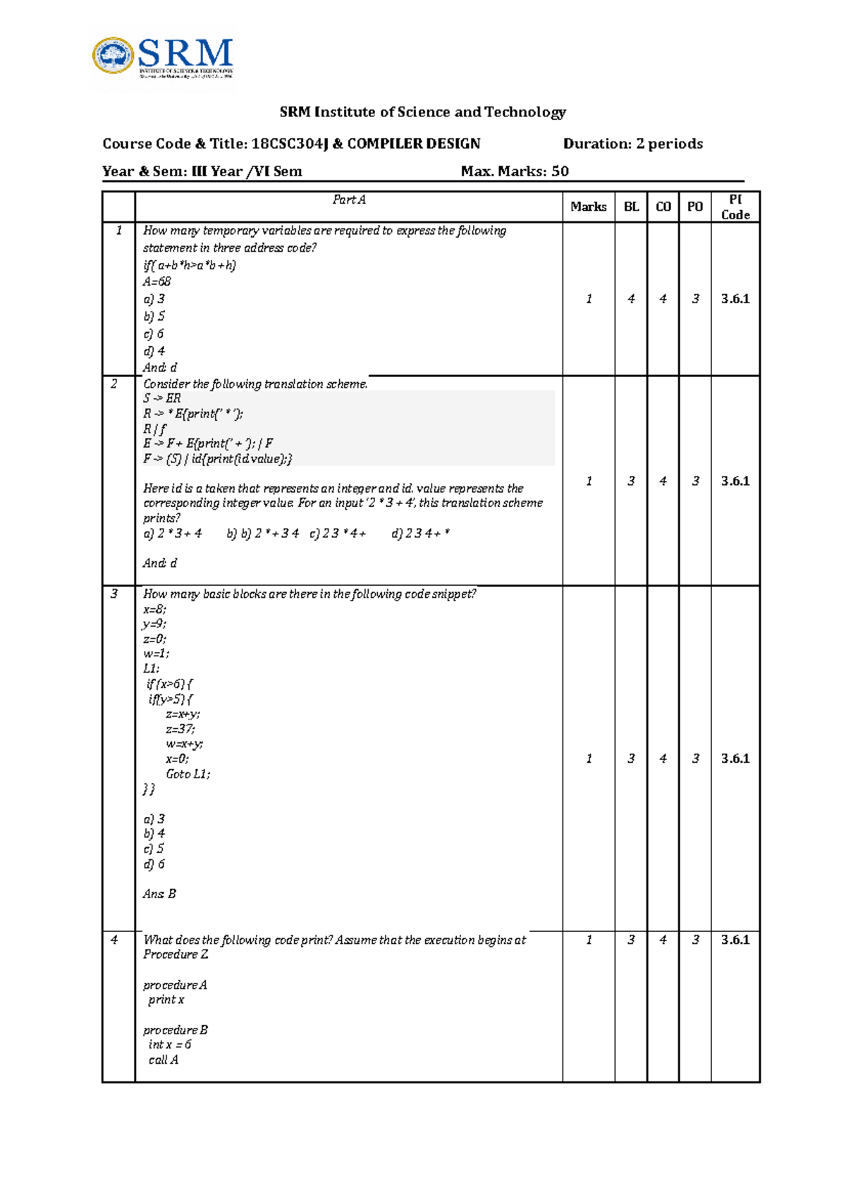 Set A Answer Key - abc - SRM Institute of Science and Technology Course ...