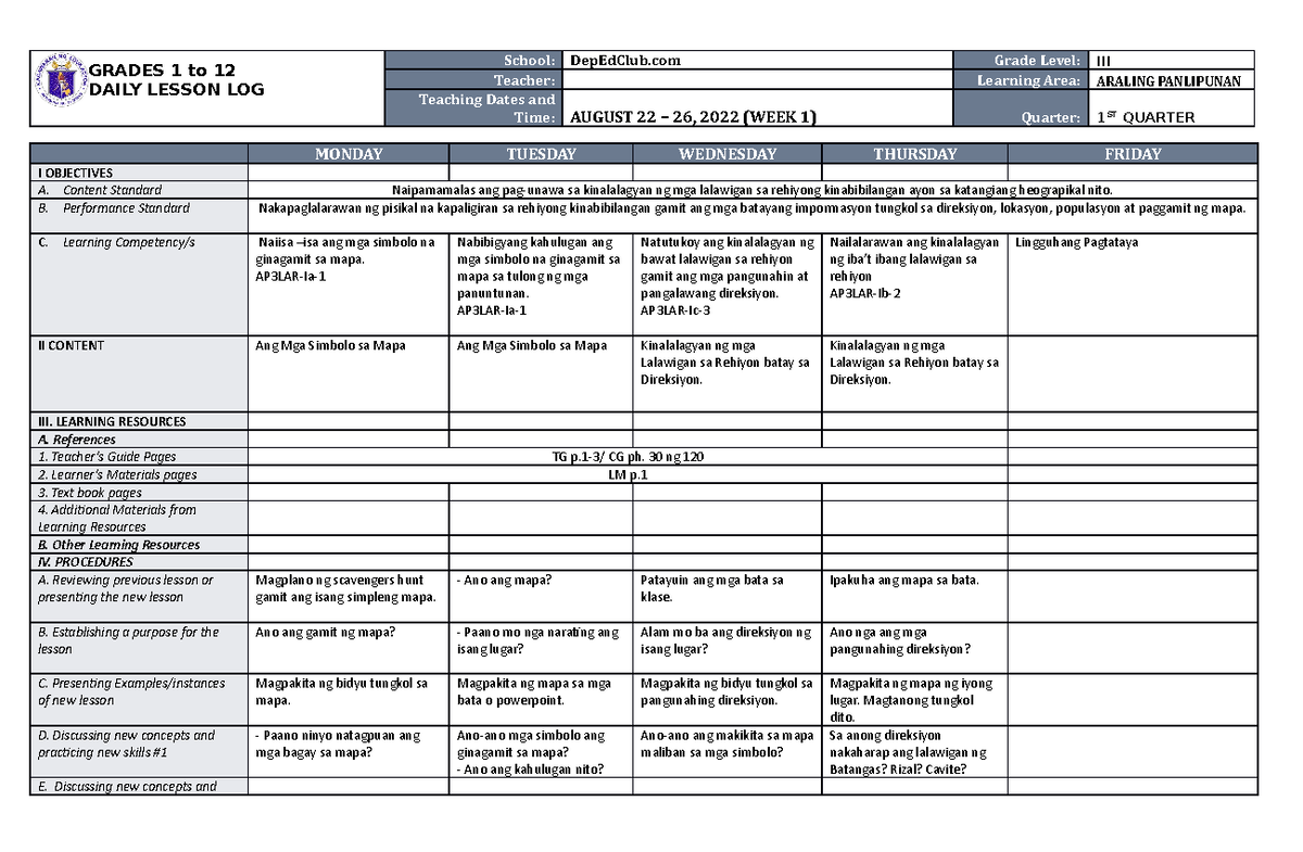 DLL Araling 20 Panlipunan 203 Q1 W1 - GRADES 1 to 12 DAILY LESSON LOG ...