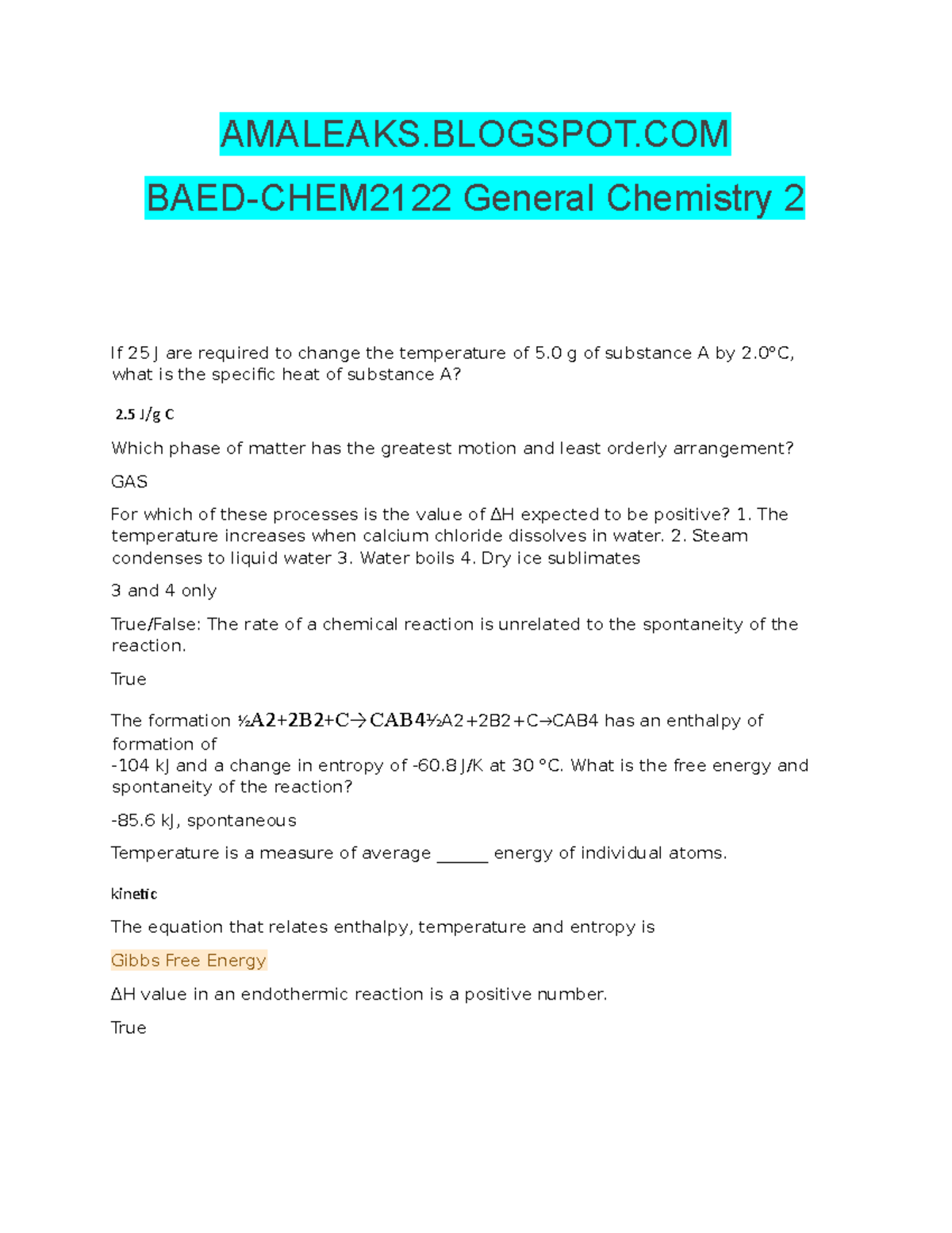 Amaleaks - general chemistry quizzes answers - AMALEAKS.BLOGSPOT BAED