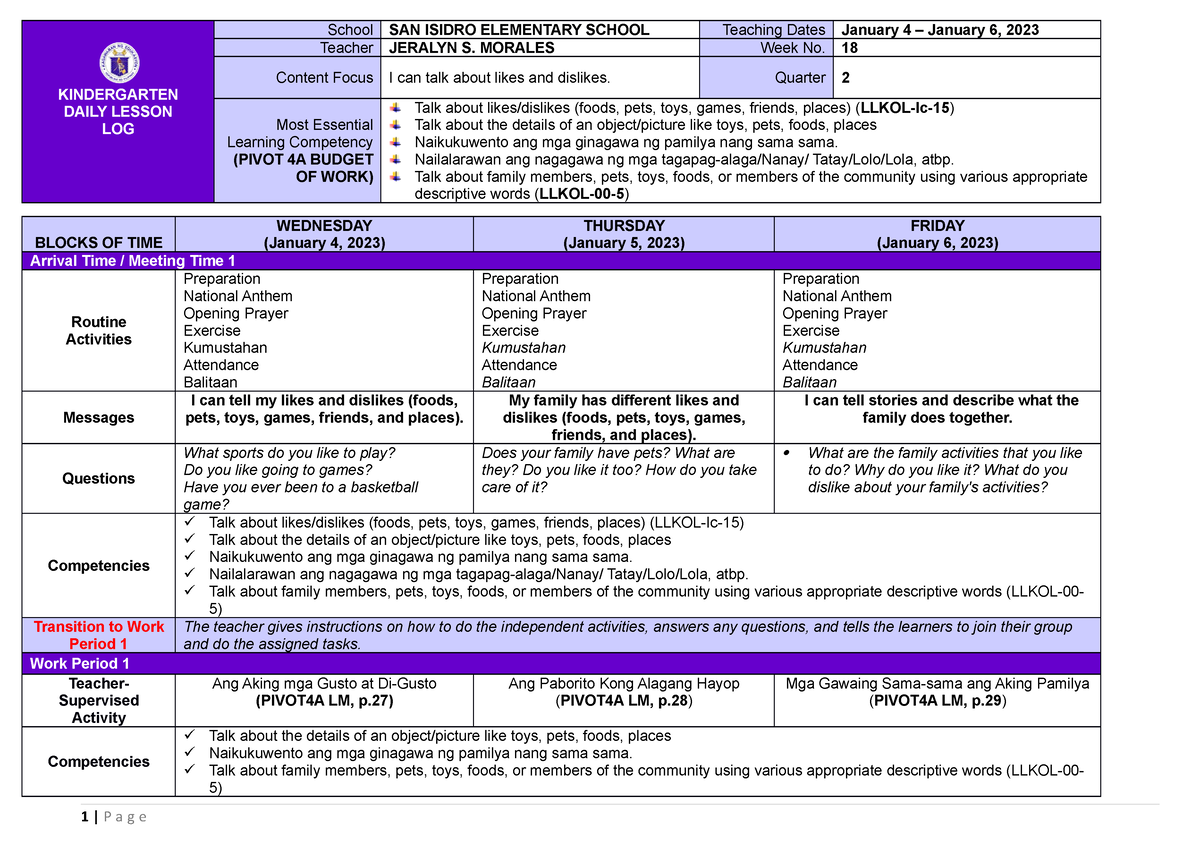 Kinder-DLL-Q2-Week18 - KINDERGARTEN DAILY LESSON LOG School SAN ISIDRO ...