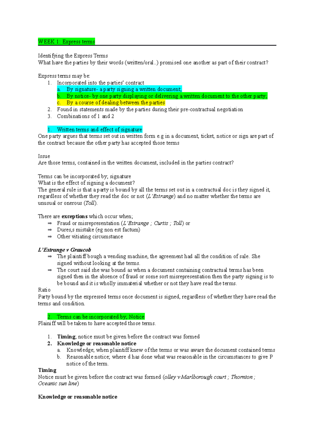 Doc8 - WEEK 1 LLB1170 CONTRACTS B - WEEK 1: Express Terms Identifying ...