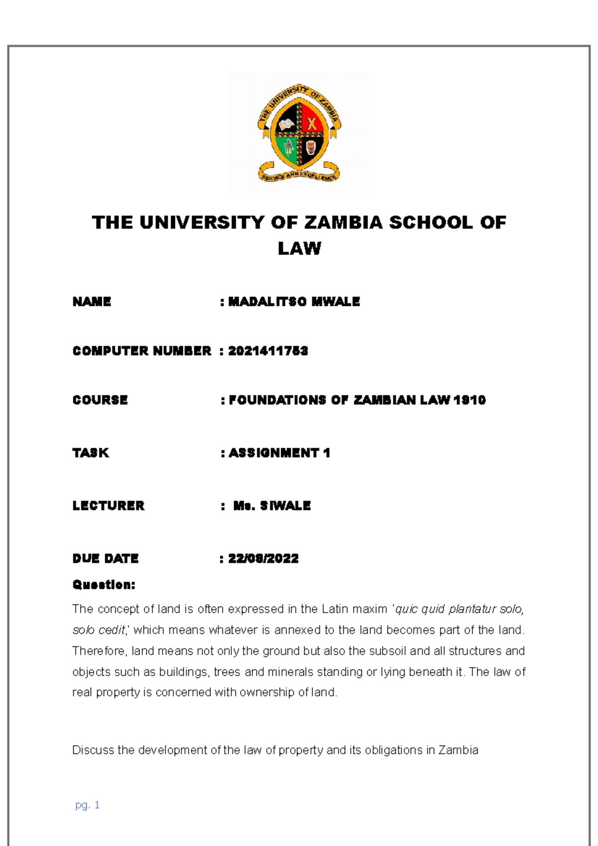 Foundation of Zambia law assignment on Land law THE UNIVERSITY OF