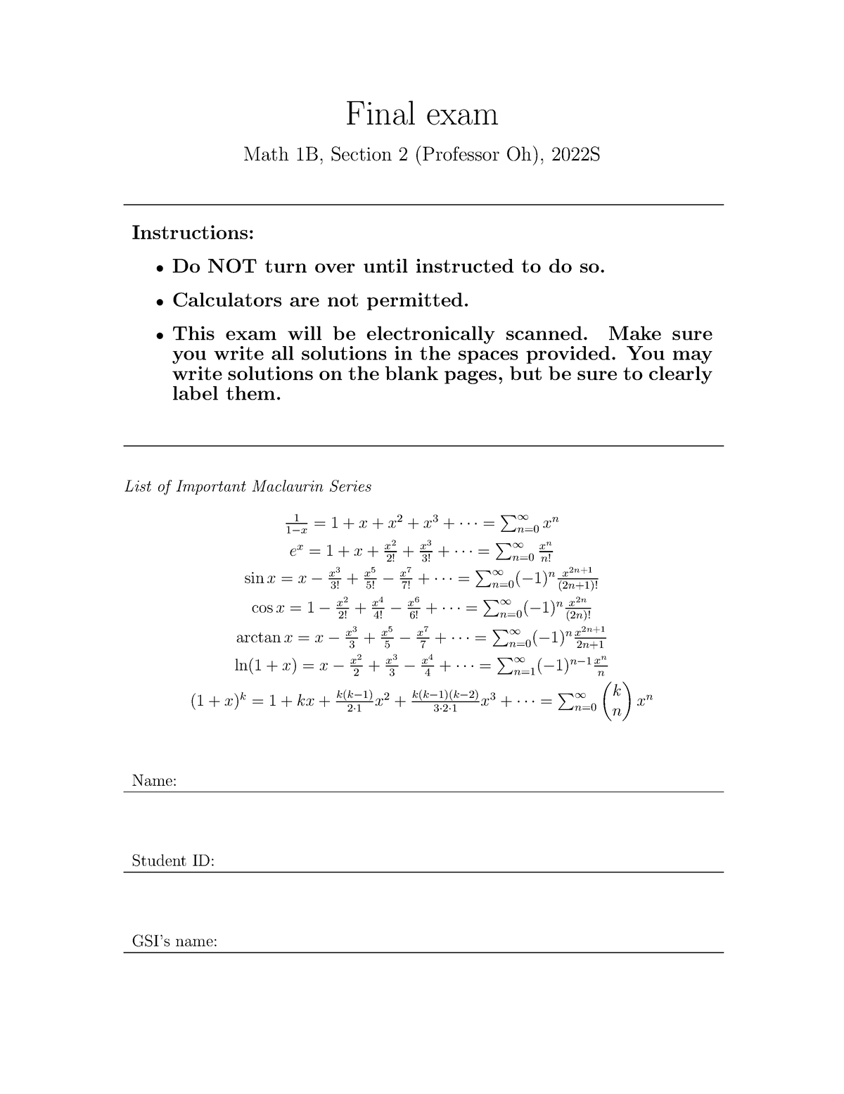 Math 1B Final Exam Solutions - Final Exam Math 1B, Section 2 (Professor ...