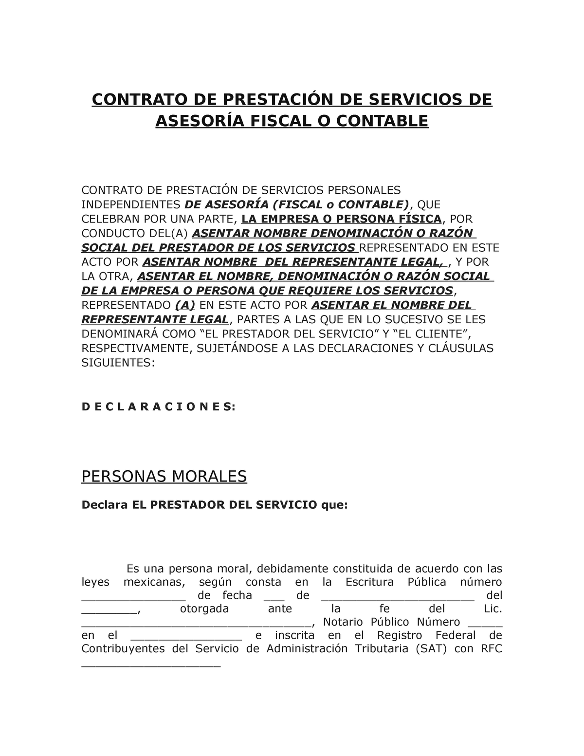 Contrato De Prestación De Servicios De Asesoría Fiscal O Contable Contrato De PrestaciÓn De 9263