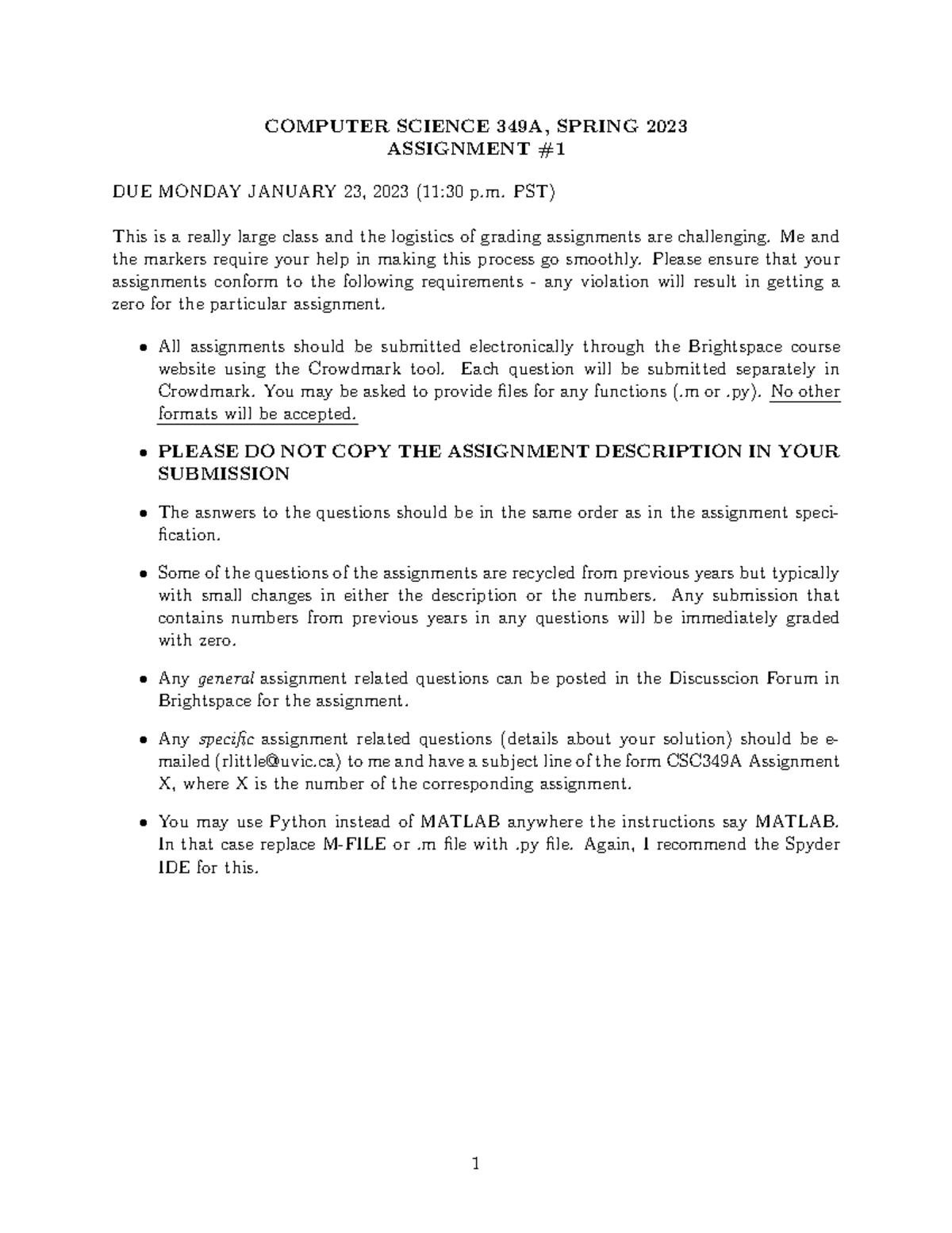 Assignment 1 - COMPUTER SCIENCE 349A, SPRING 2023 ASSIGNMENT DUE MONDAY ...