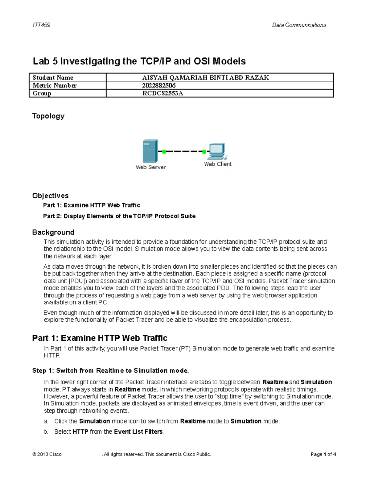 Lab 5 Investigating the Tcpip and OSI Models - ITT459 Data ...