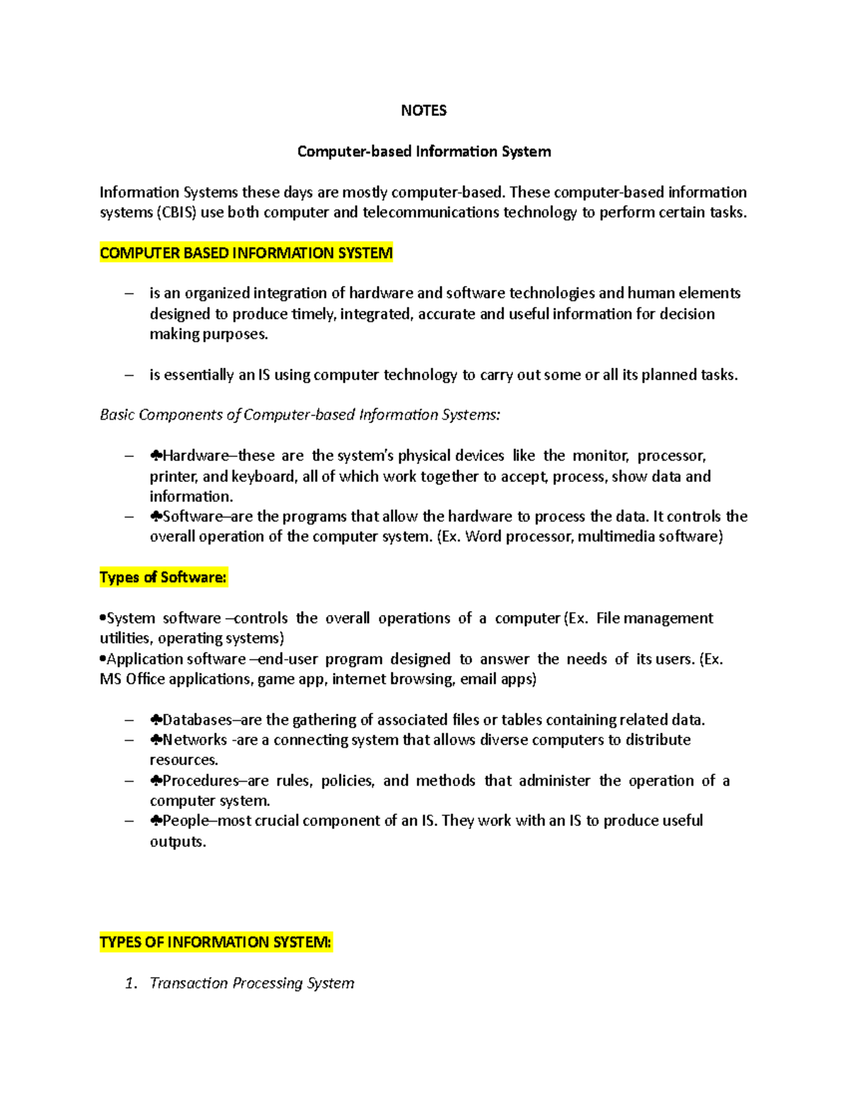 Computer-based Information System Notes - NOTES Computer-based ...