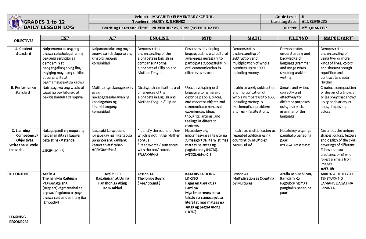 DLL ALL Subjects 2 Q2 W4 D3 - GRADES 1 to 12 DAILY LESSON LOG School ...