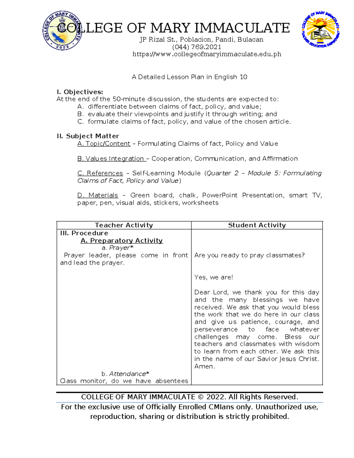 E10 Q2M5 DLP- Formulating Claims of Fact, Policy, and Value - JP Rizal ...