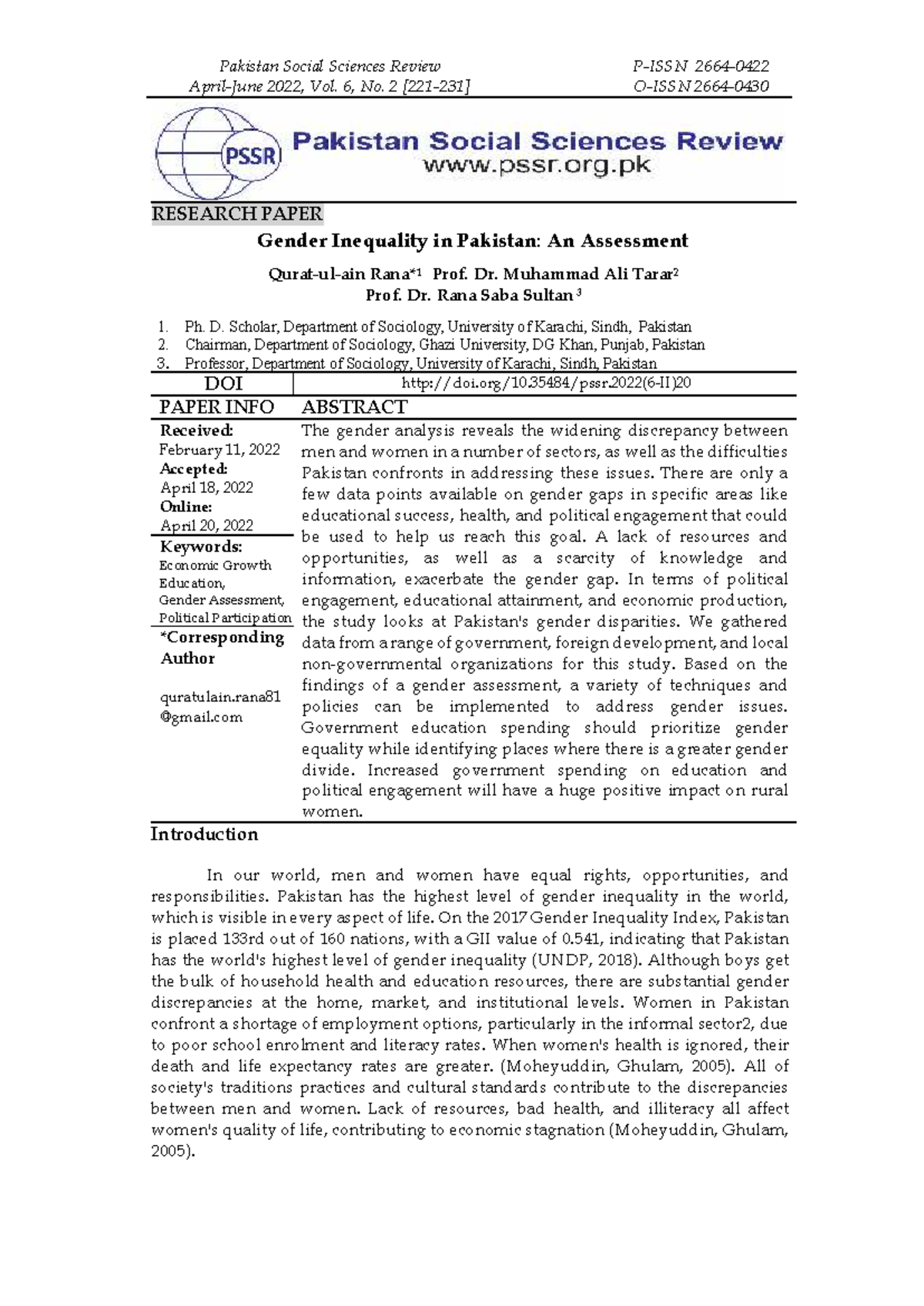 Gender inequality in pakistan an assessment - Pakistan Social Sciences ...