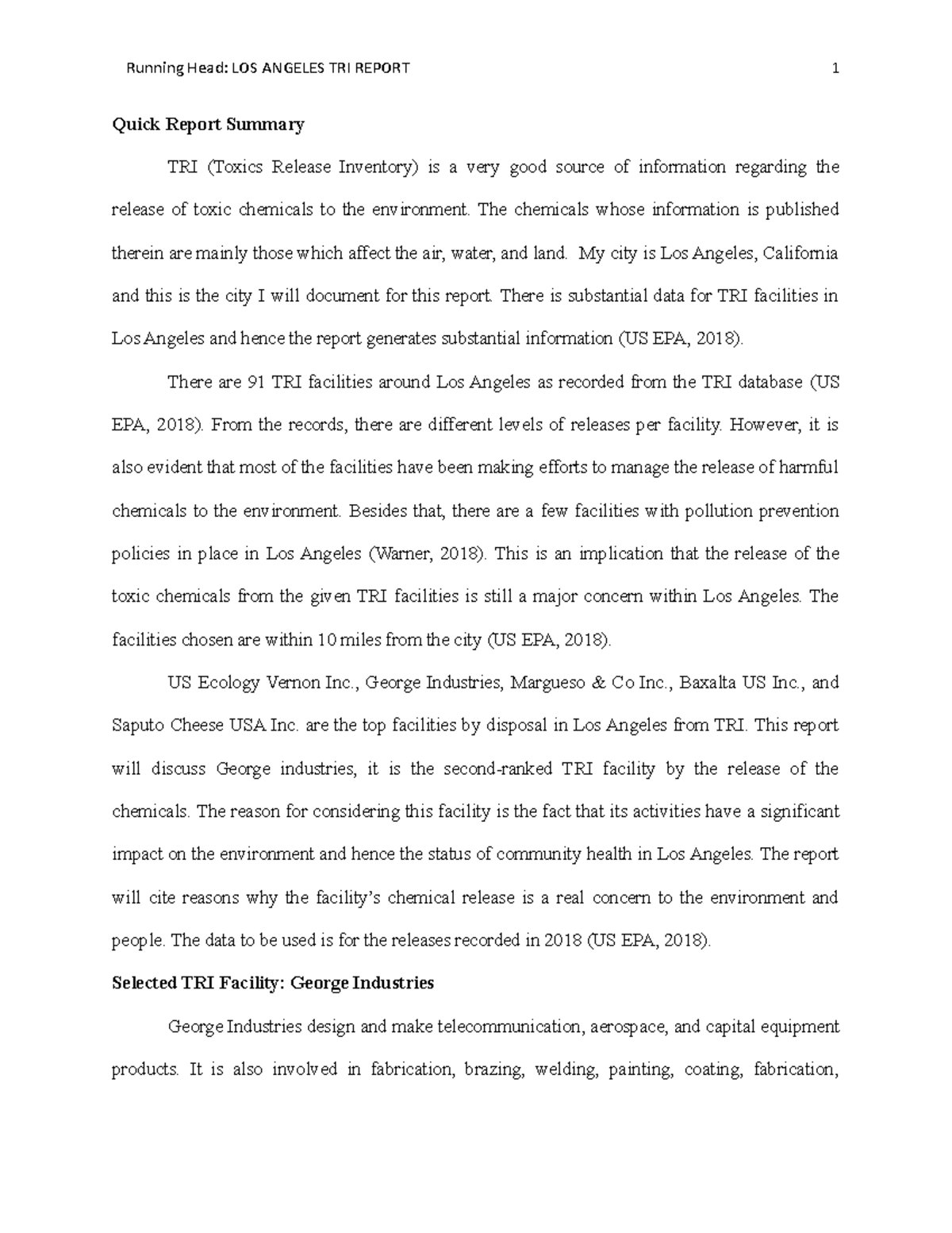TRI Report- Assignment - Quick Report Summary - Running Head: LOS ...