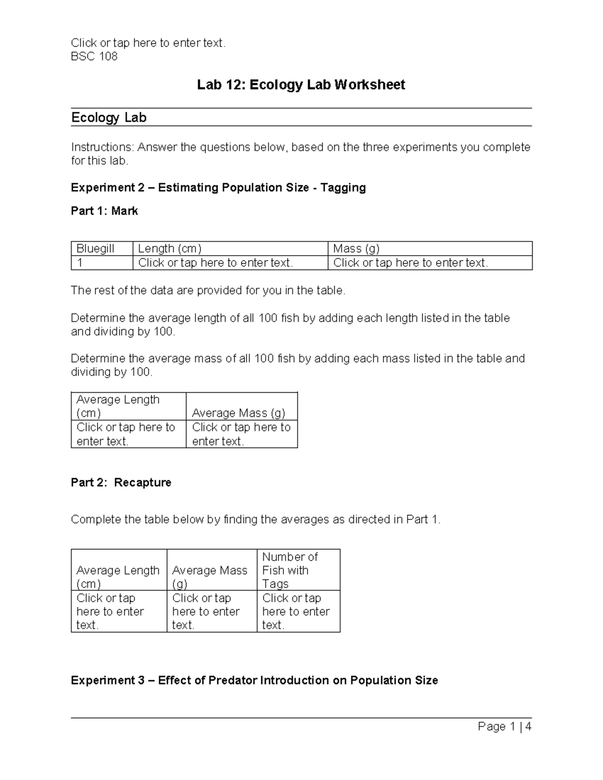 Lab 12 Ecology Worksheet BSC 108 Lab 12 Ecology Lab Worksheet