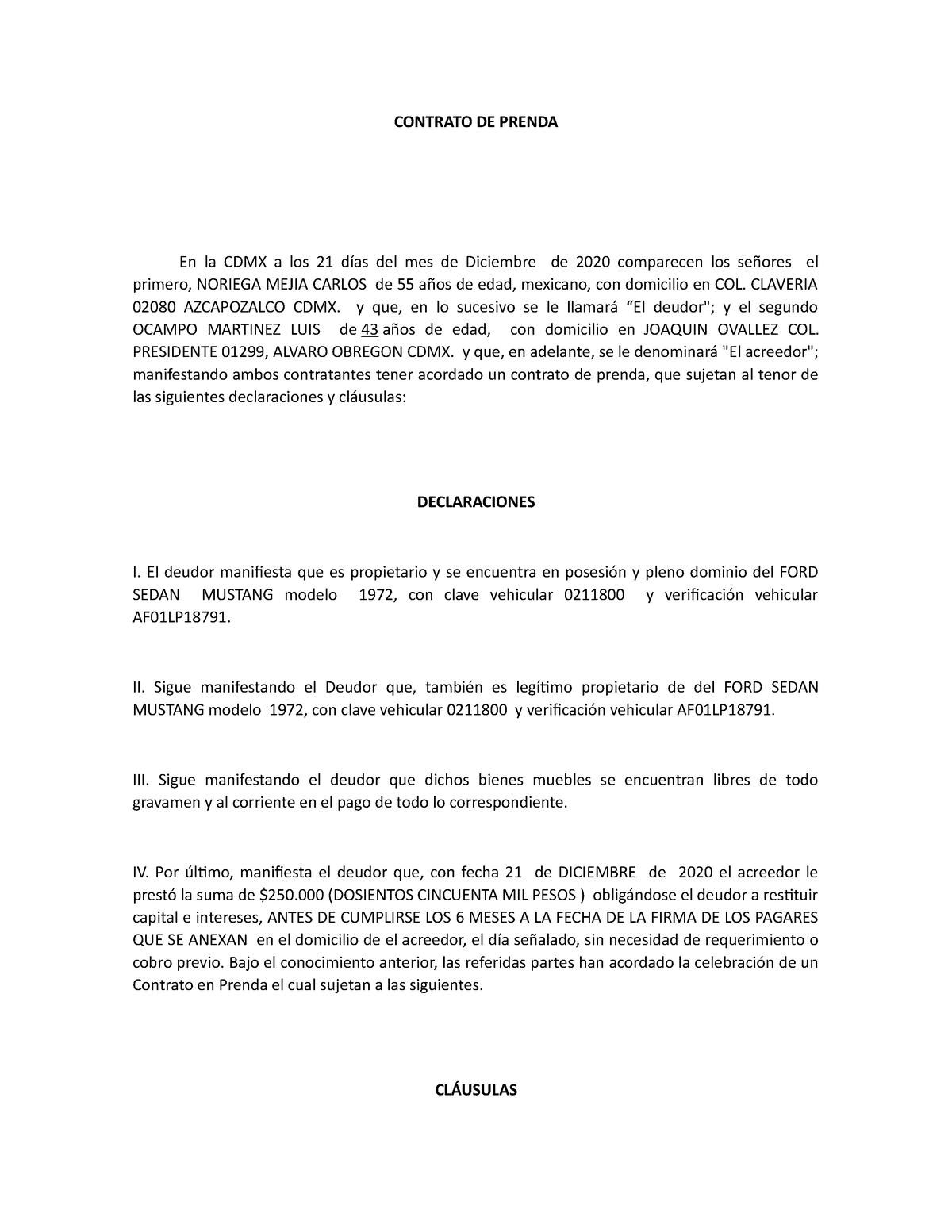 Contrato De Prenda Contrato De Prenda En La Cdmx A Los 21 Días Del Mes De Diciembre De 2020 4910