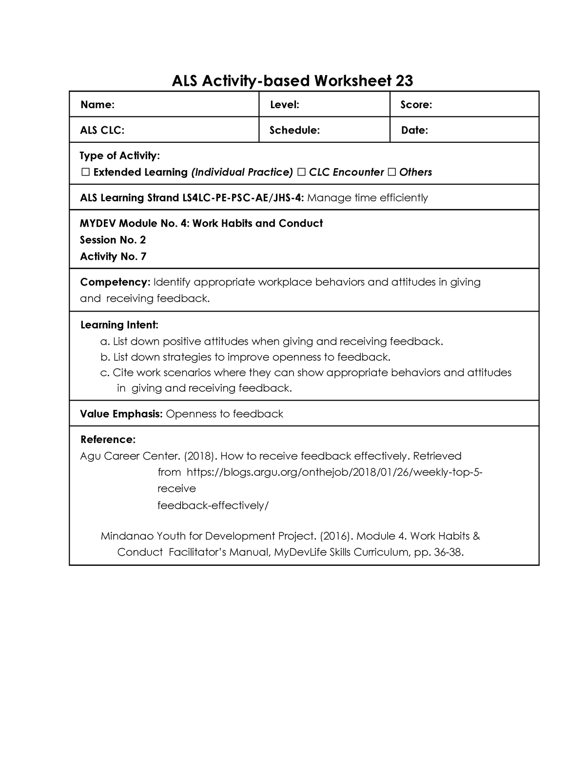 PFY Worksheet 23 Gen Ed - ALS Activity-based Worksheet 23 Name: Level ...