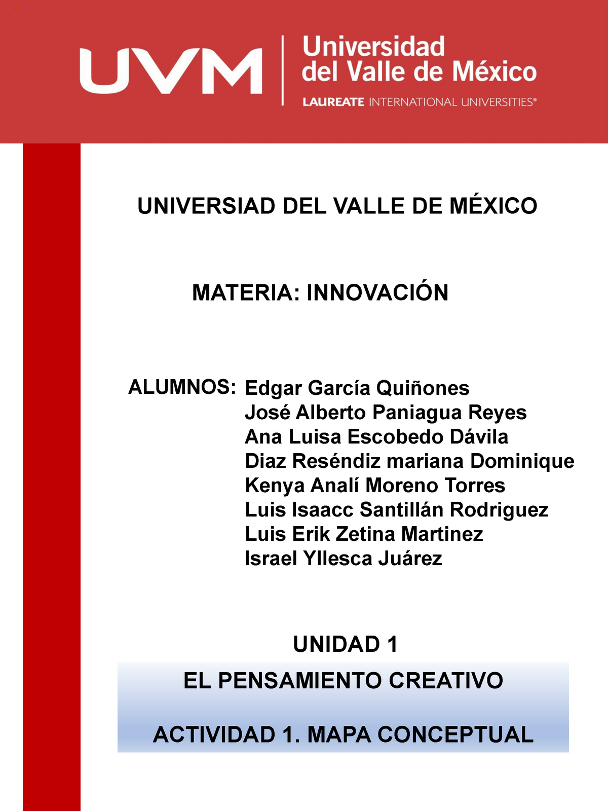 Actividad 1 Mapa Conceptual - UNIVERSIAD DEL VALLE DE MÉXICO MATERIA:  INNOVACIÓN ALUMNOS: Edgar - Studocu